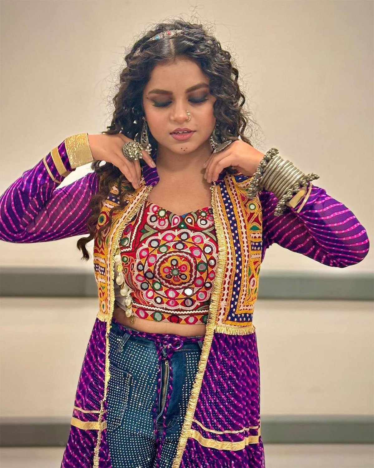 Bandhani Print Flared Jacket Shrug with Mirror Work Yoke