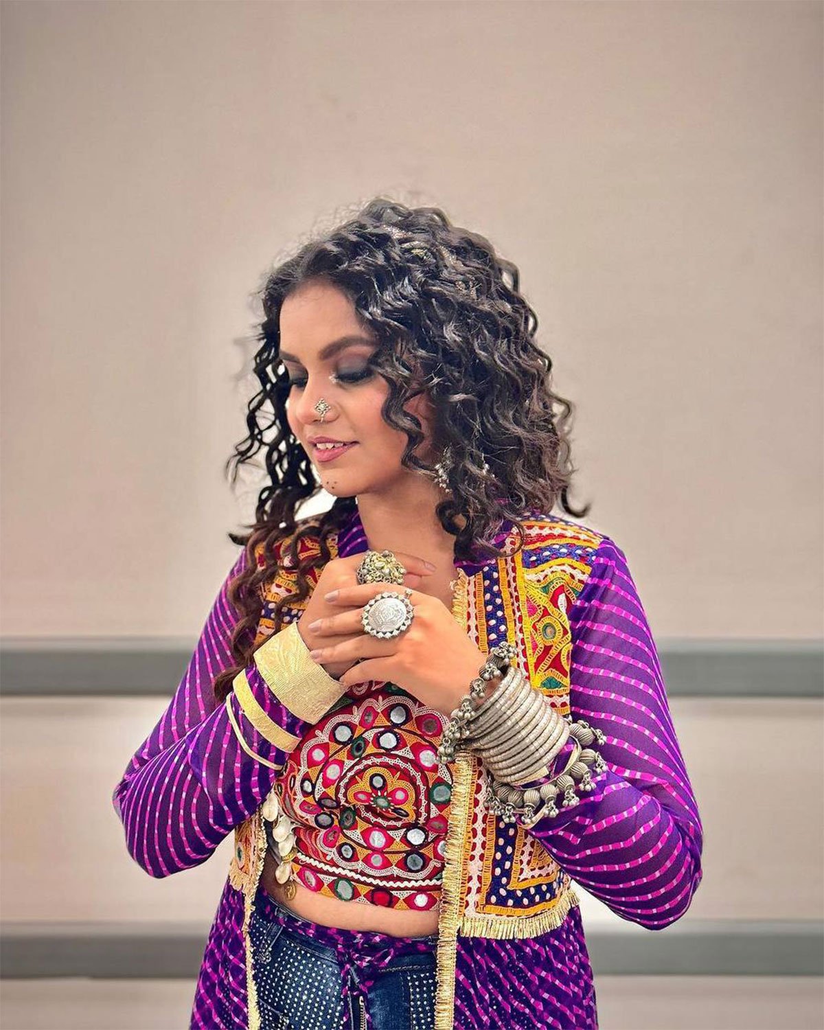 Bandhani Print Flared Jacket Shrug with Mirror Work Yoke
