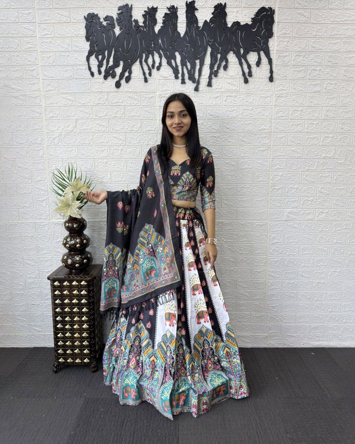 Folk Art Designer Lehenga Choli with Matching Dupatta Set