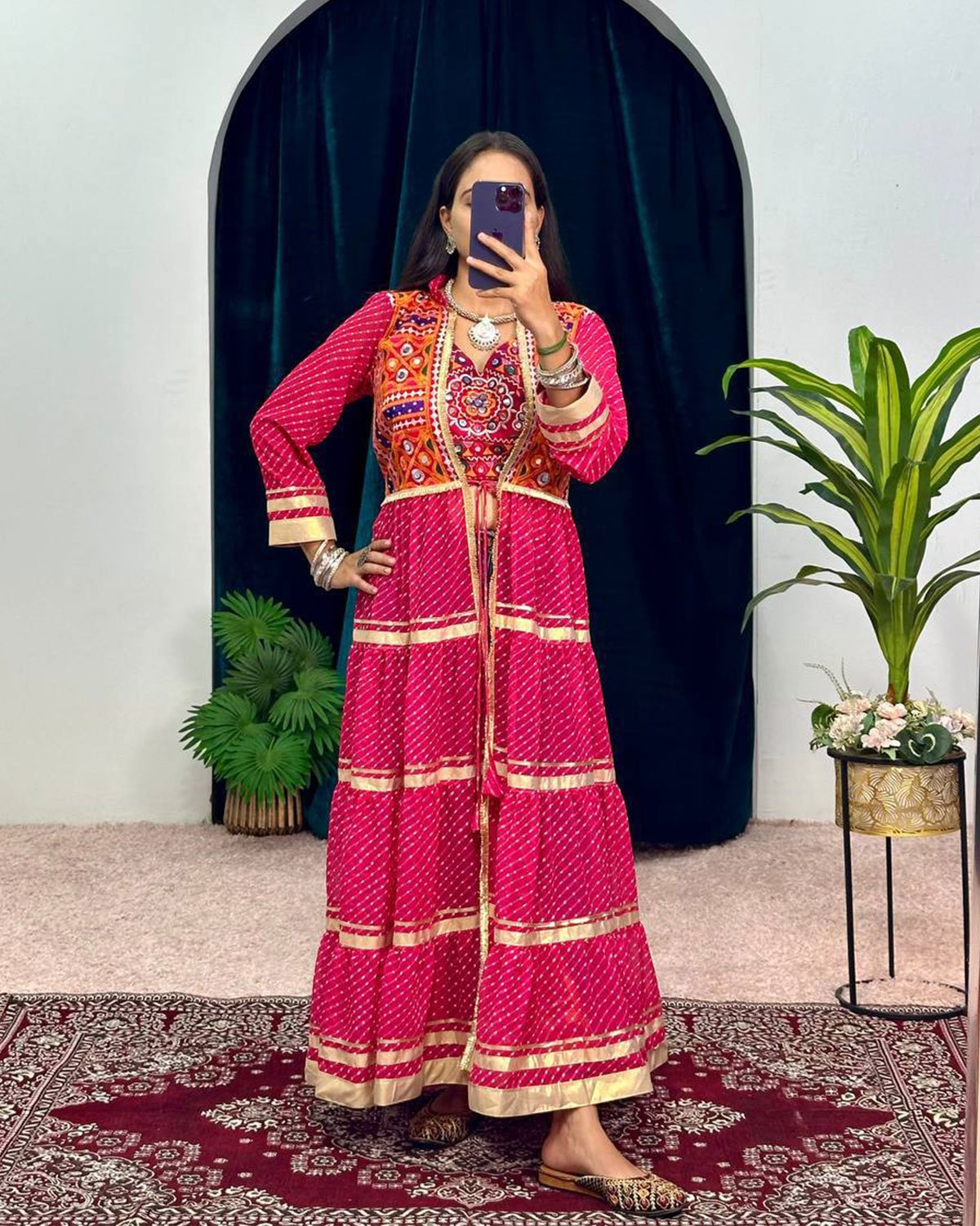 Bandhani Print Flared Jacket Shrug with Mirror Work Yoke