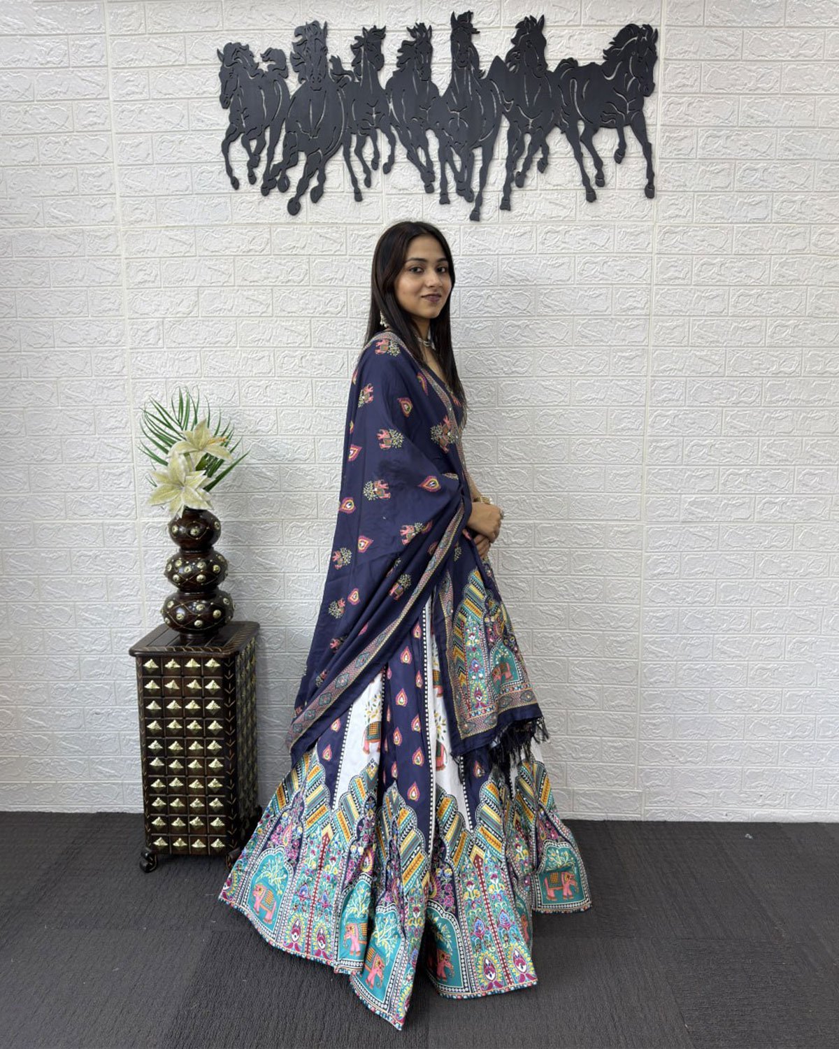 Folk Art Designer Lehenga Choli with Matching Dupatta Set