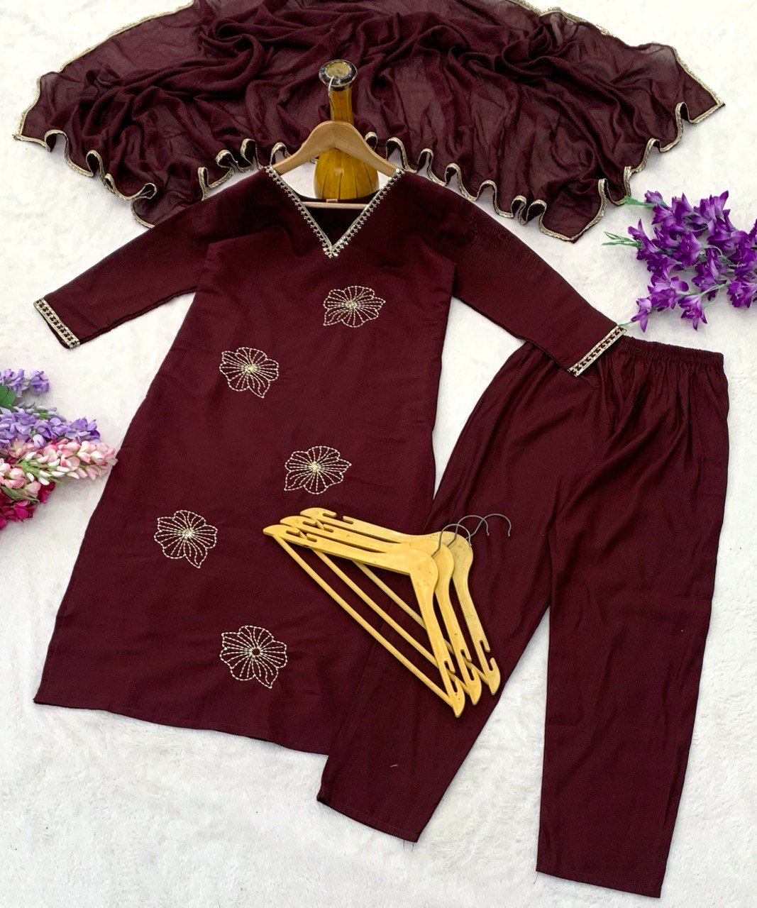 Elegant Embroidered Straight Cut Kurta Pant Set With Dupatta