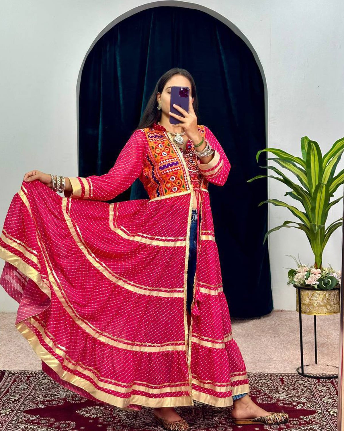 Bandhani Print Flared Jacket Shrug with Mirror Work Yoke