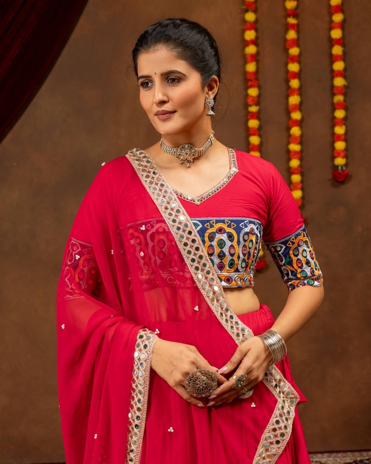 Embroidered Mirror Work Chaniya Choli Set with Bandhani Flare & Dupatta