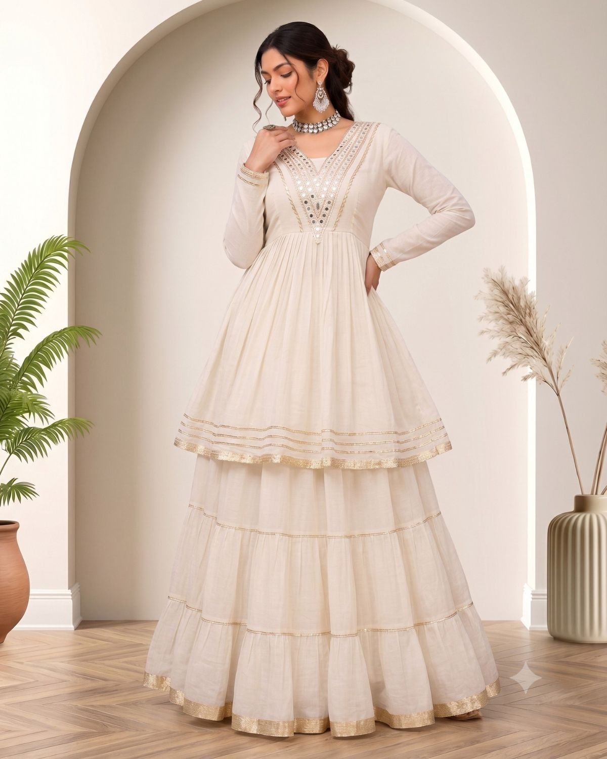 V-Neck Mirror Work Flared Kurti with Tiered Sharara Set