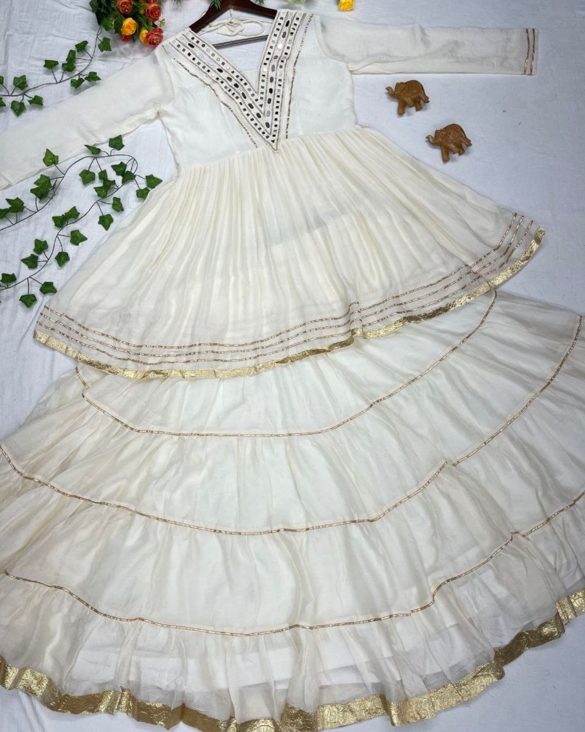 V-Neck Mirror Work Flared Kurti with Tiered Sharara Set