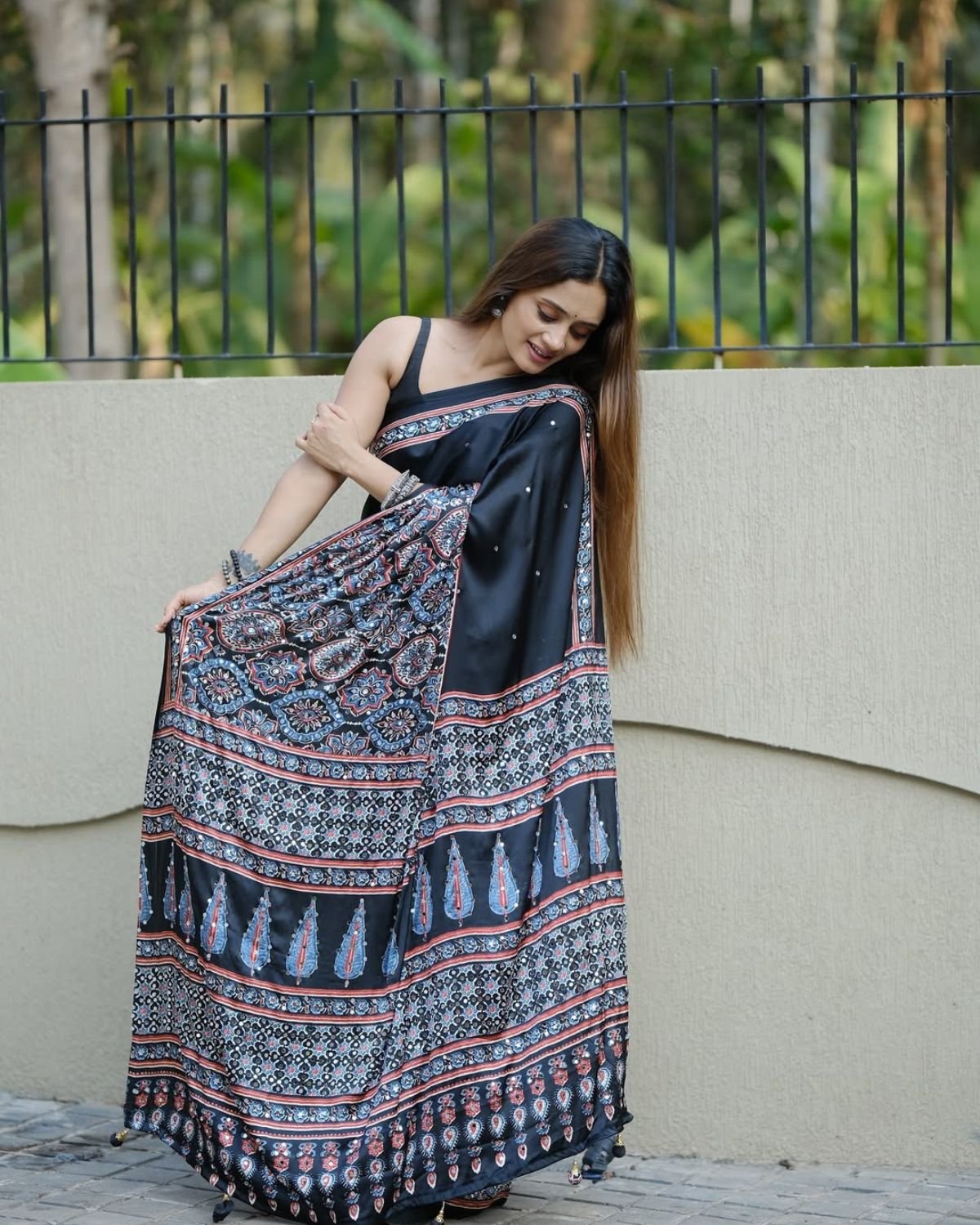 Printed Satin Saree with Kalamkari Motif Border and Embellished Accents