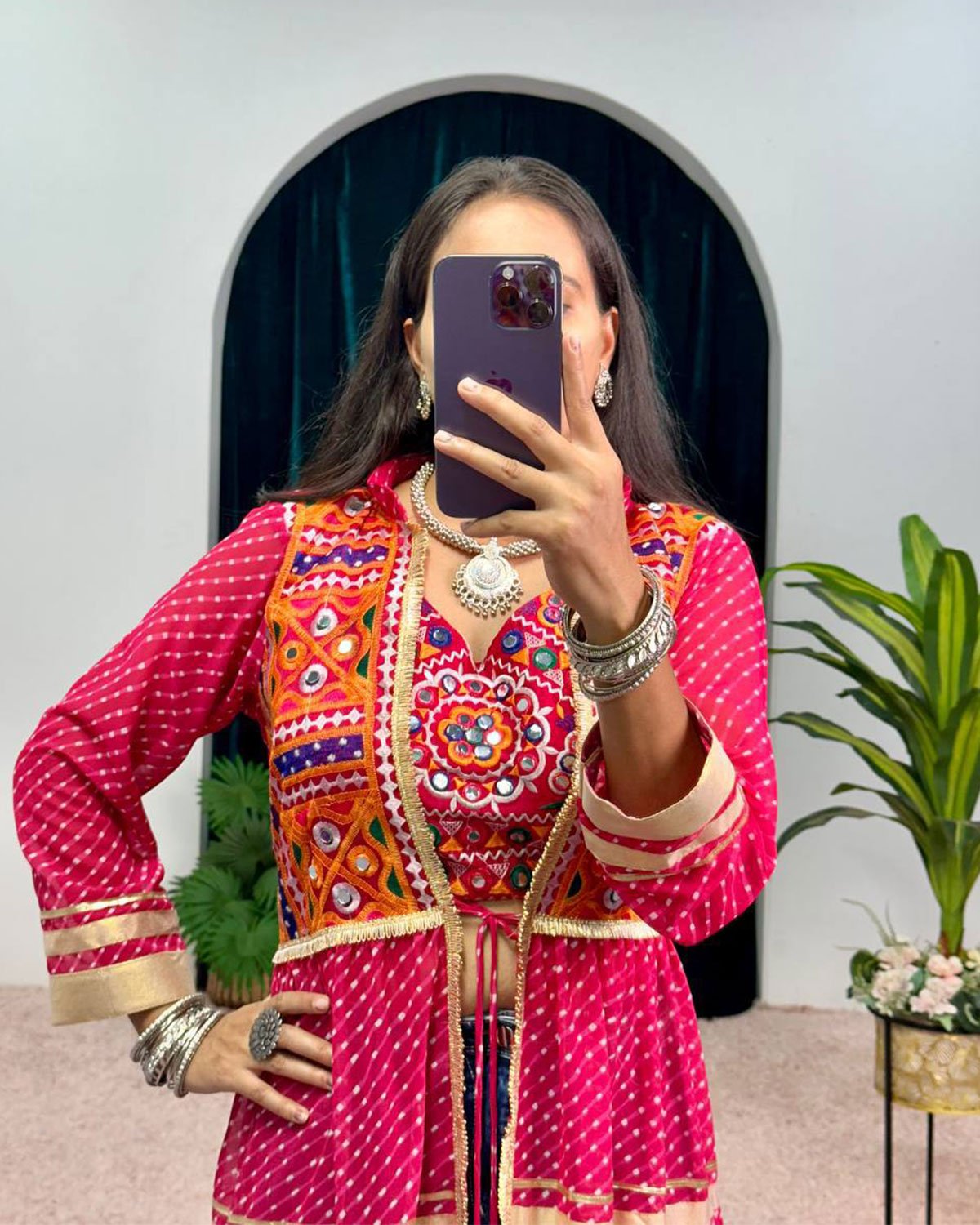 Bandhani Print Flared Jacket Shrug with Mirror Work Yoke