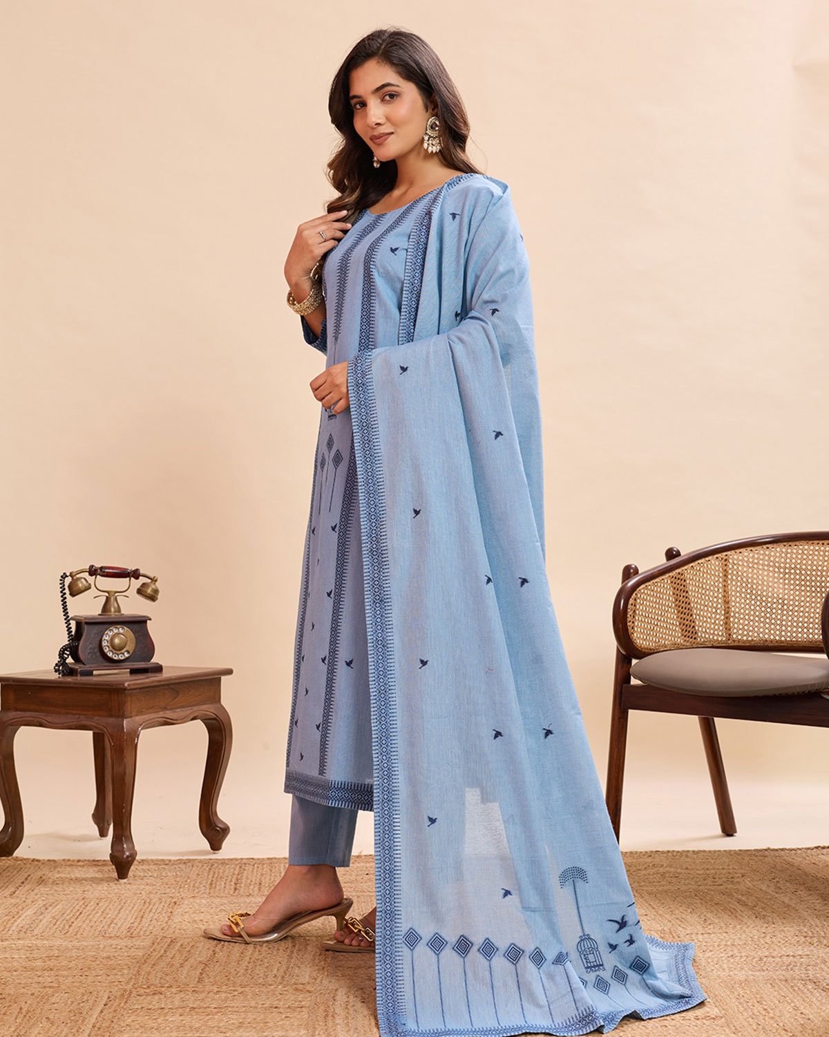 Women Aero Blue Embroidered Cotton Kurta Set with Dupatta