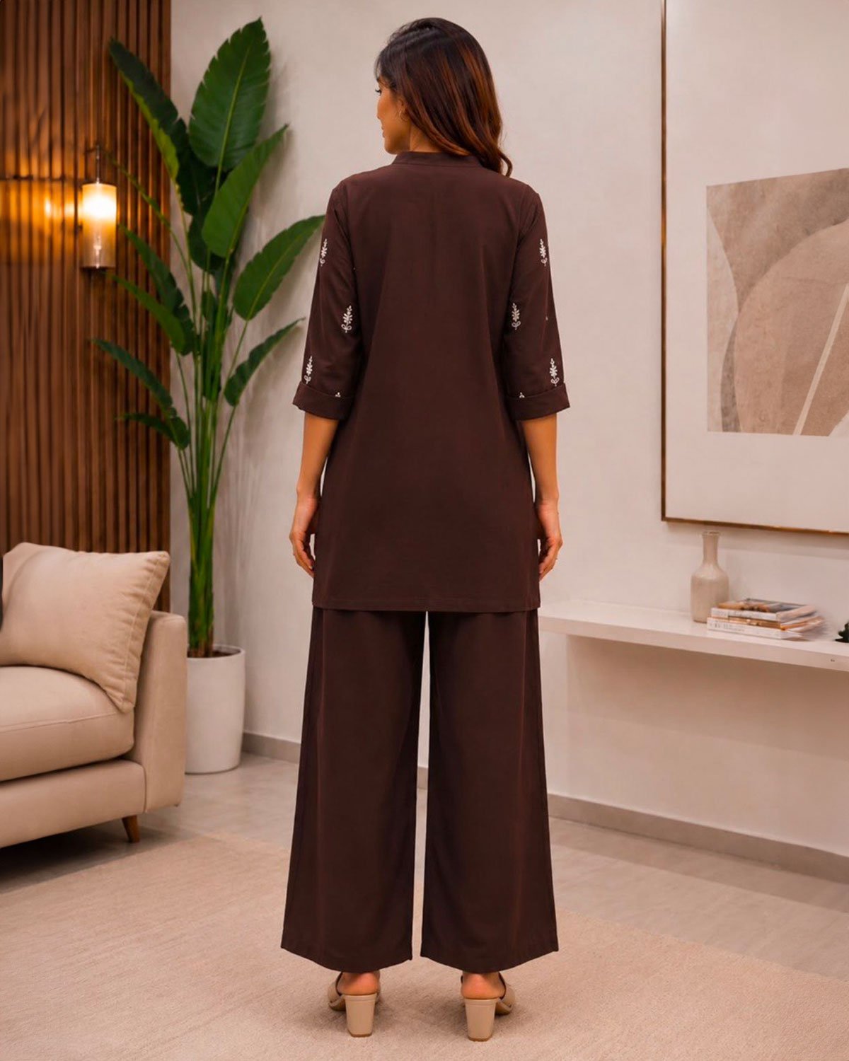 Embroidered Short Kurta with Cutwork Border Palazzo Pants Set