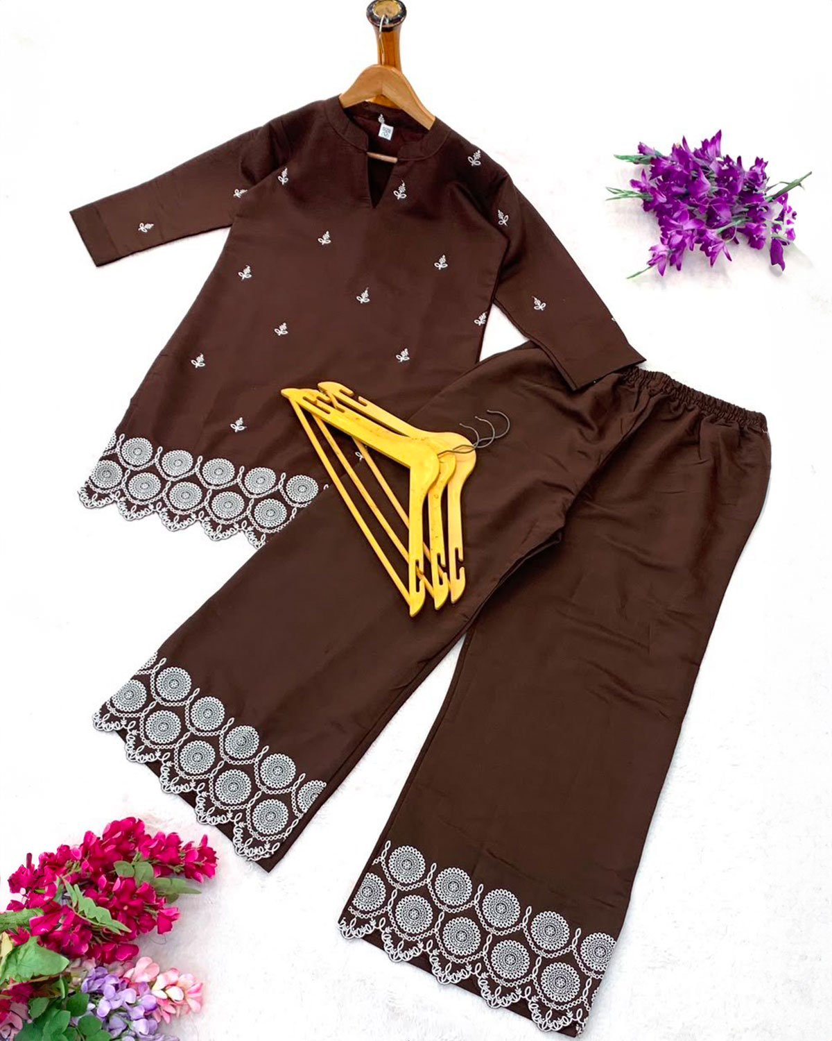 Embroidered Short Kurta with Cutwork Border Palazzo Pants Set