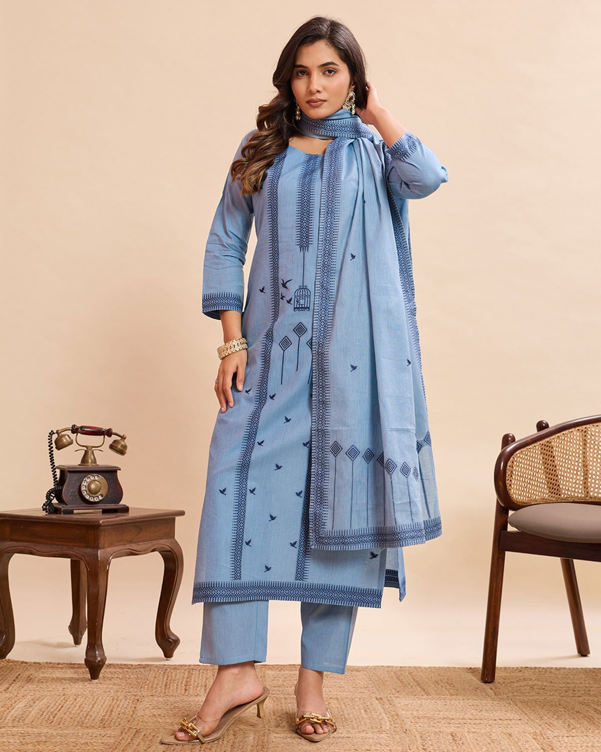 Women Aero Blue Embroidered Cotton Kurta Set with Dupatta