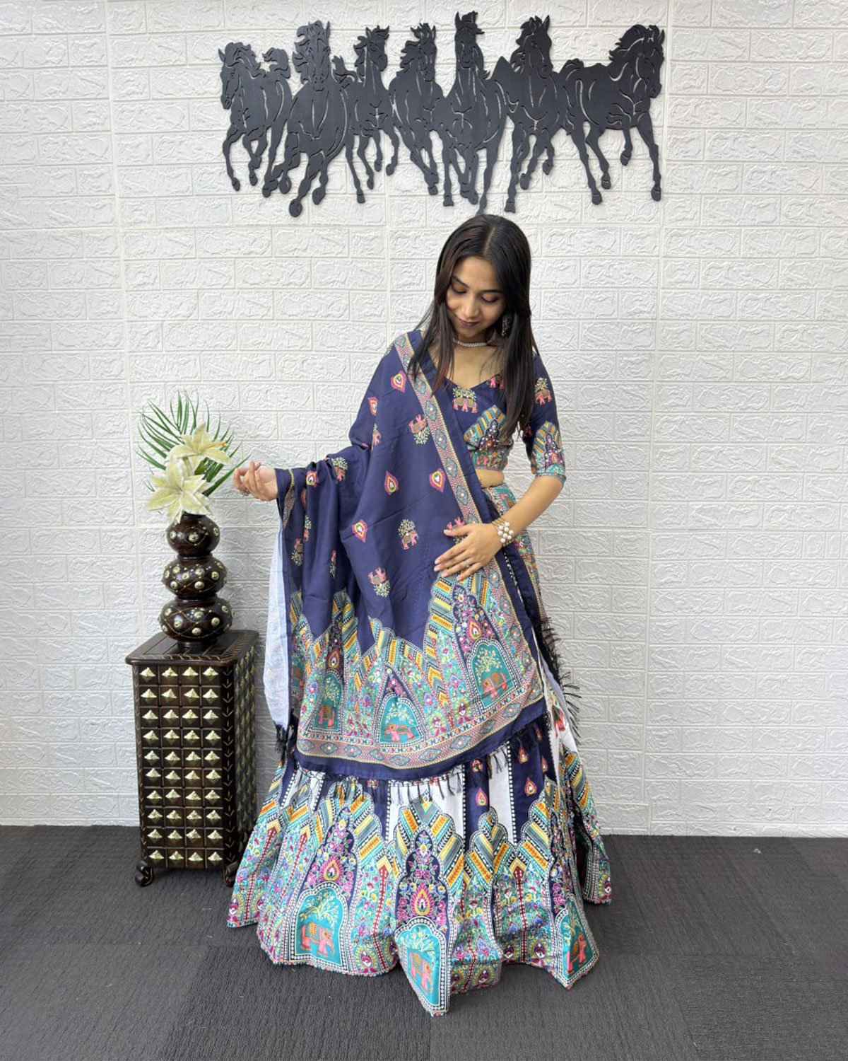 Folk Art Designer Lehenga Choli with Matching Dupatta Set