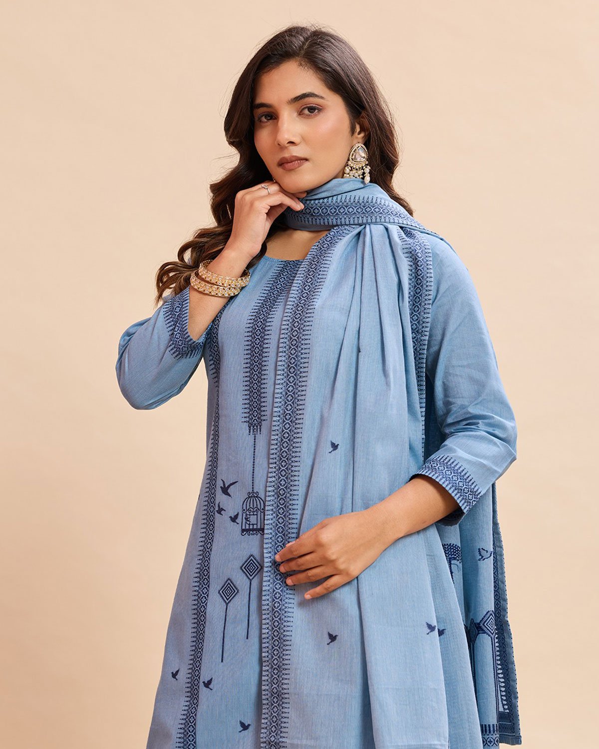 Women Aero Blue Embroidered Cotton Kurta Set with Dupatta