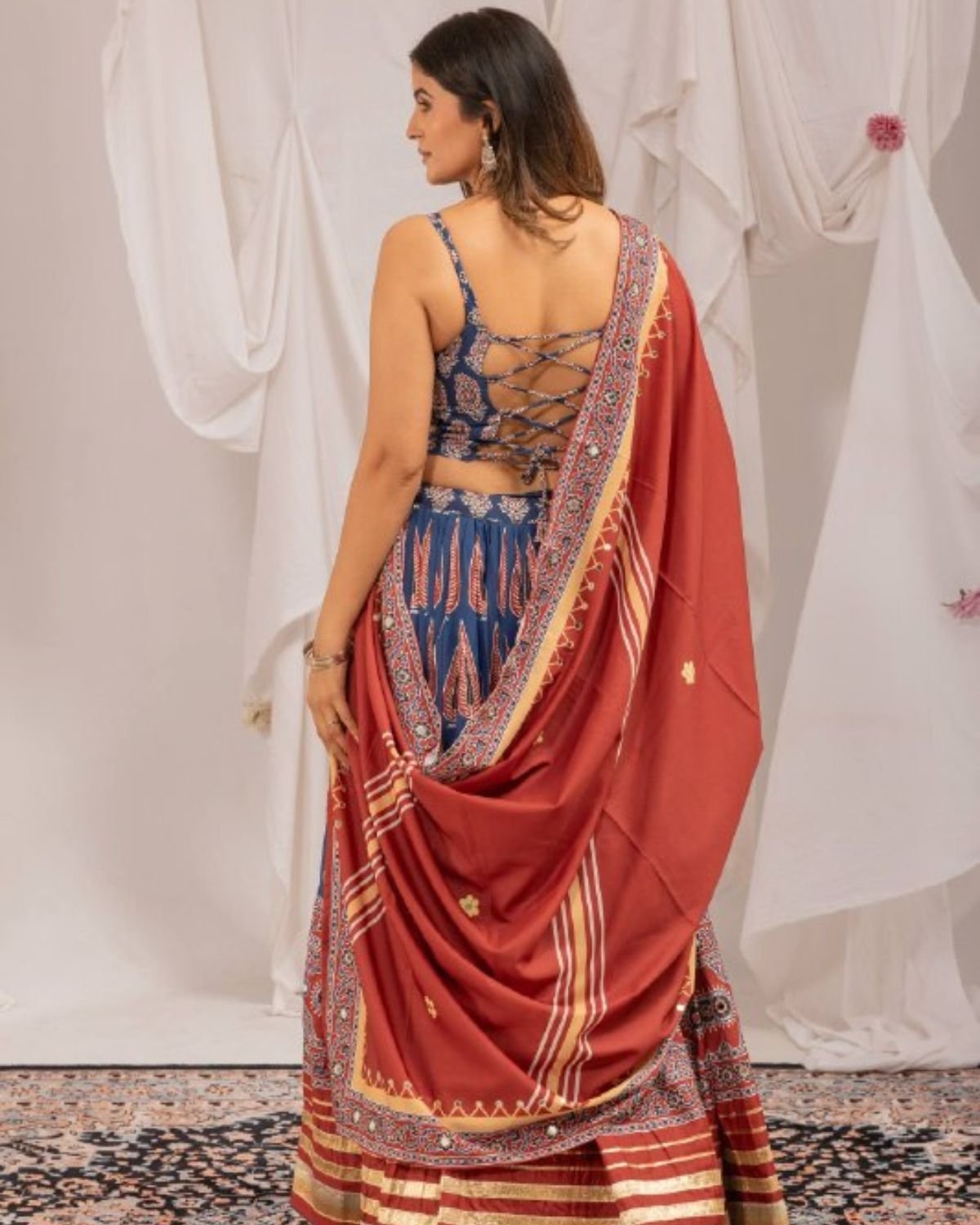 Block Printed Chaniya Choli Set with Mirror Work Border & Dupatta