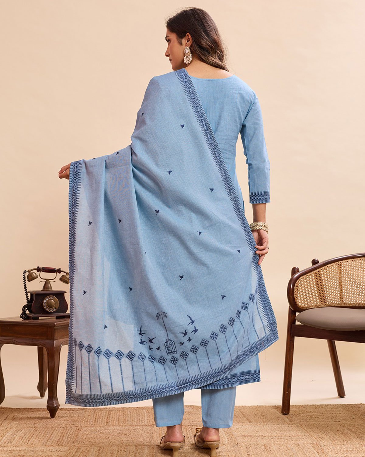 Women Aero Blue Embroidered Cotton Kurta Set with Dupatta