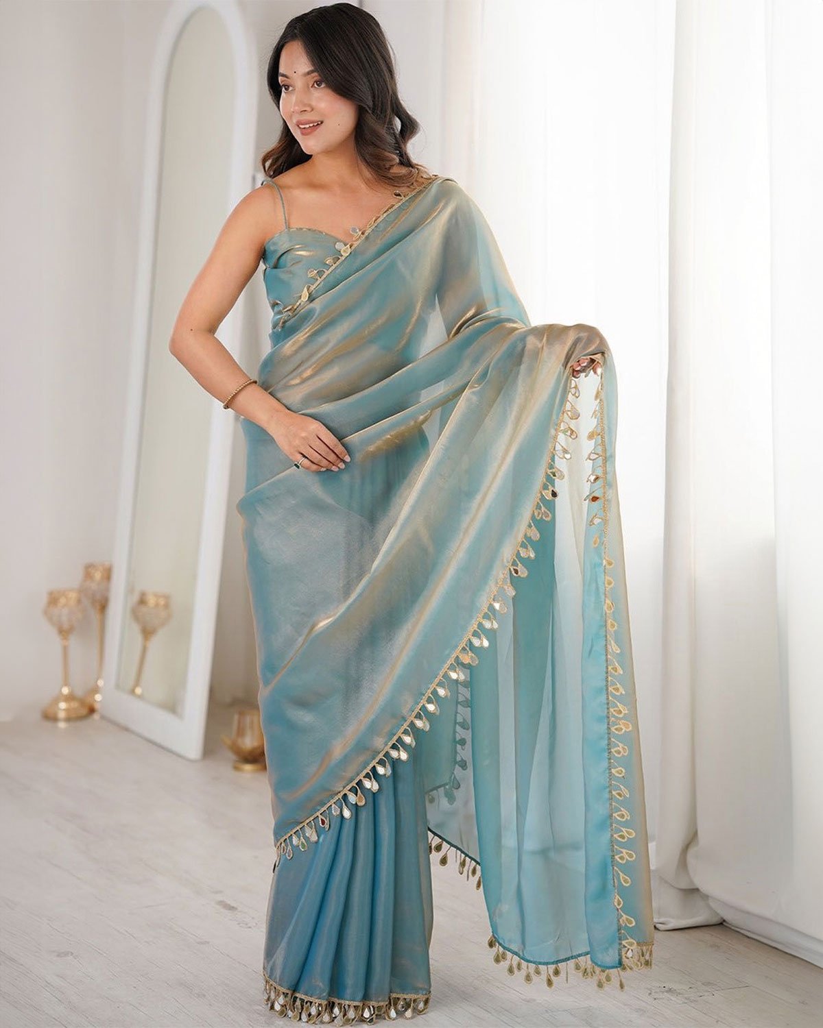 Women's Metallic Shimmer Organza Saree with Mirror Work Border and Matching Blouse Piece