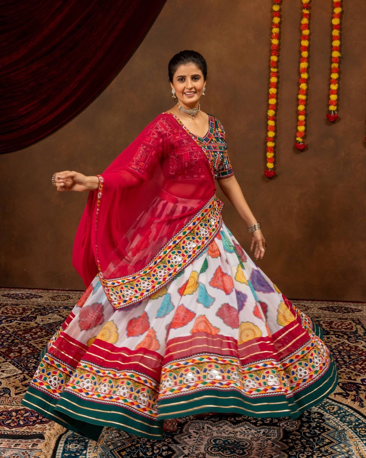 Printed Flared Chaniya Choli Set with Embroidered Mirror Work Blouse & Dupatta
