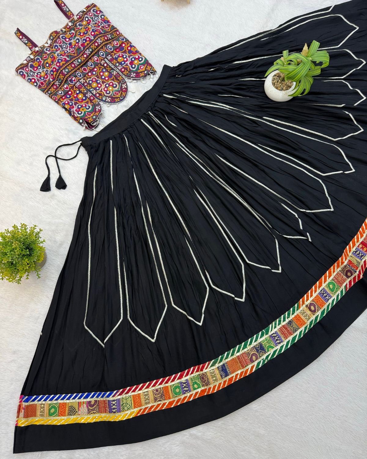Traditional Kutchi Mirror Work Sleeveless Top with Pleated Flared Lehenga Set