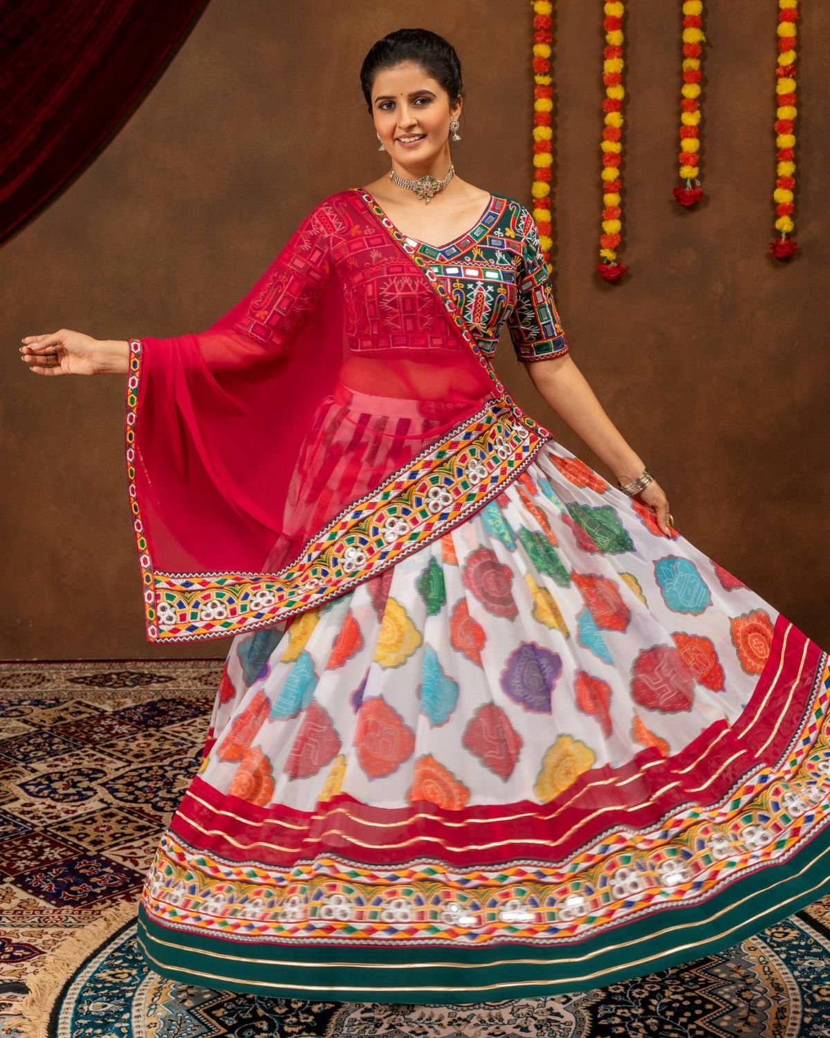 Printed Flared Chaniya Choli Set with Embroidered Mirror Work Blouse & Dupatta