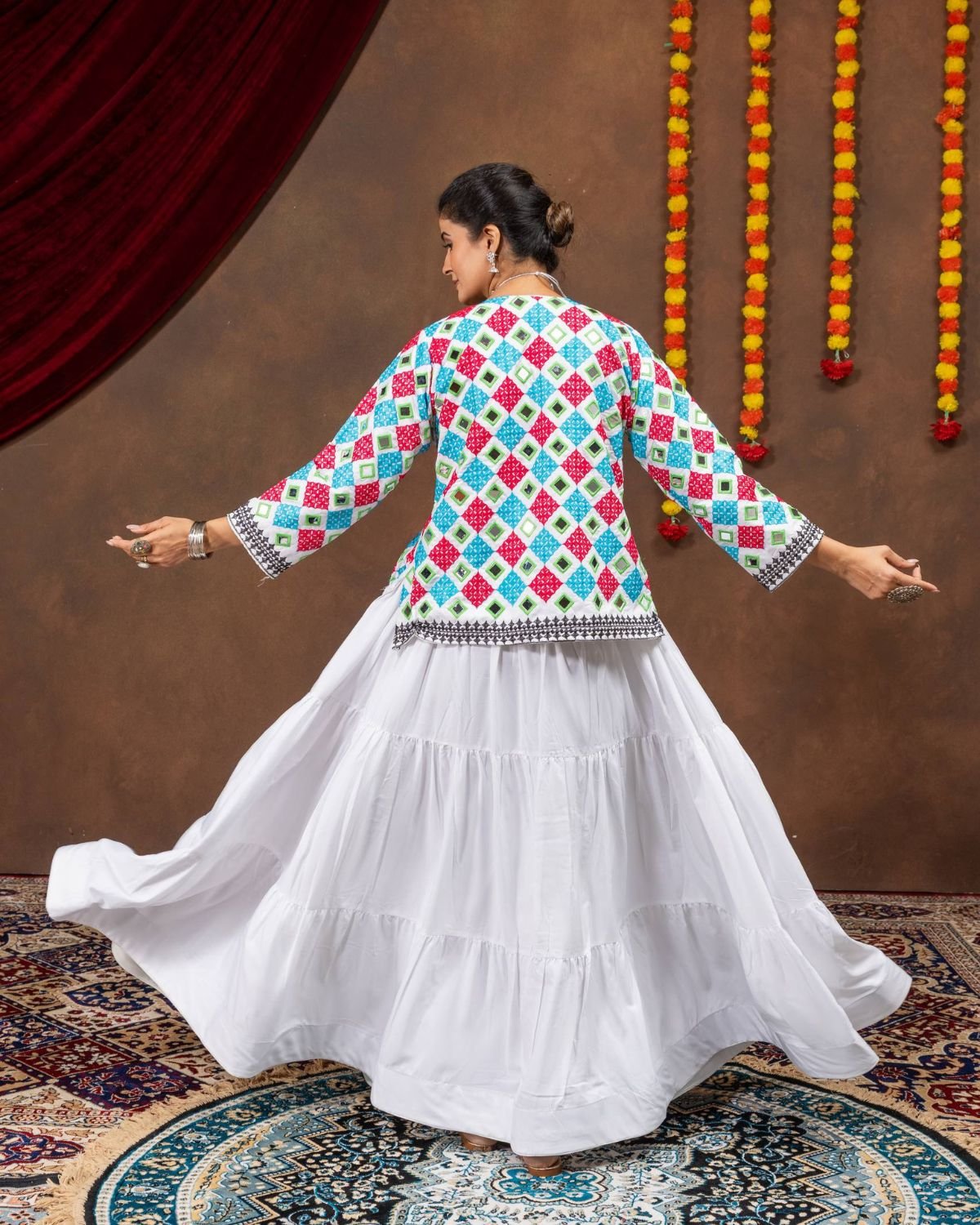Traditional Embroidered 3-Piece Skirt Set with Crop Top and Jacket