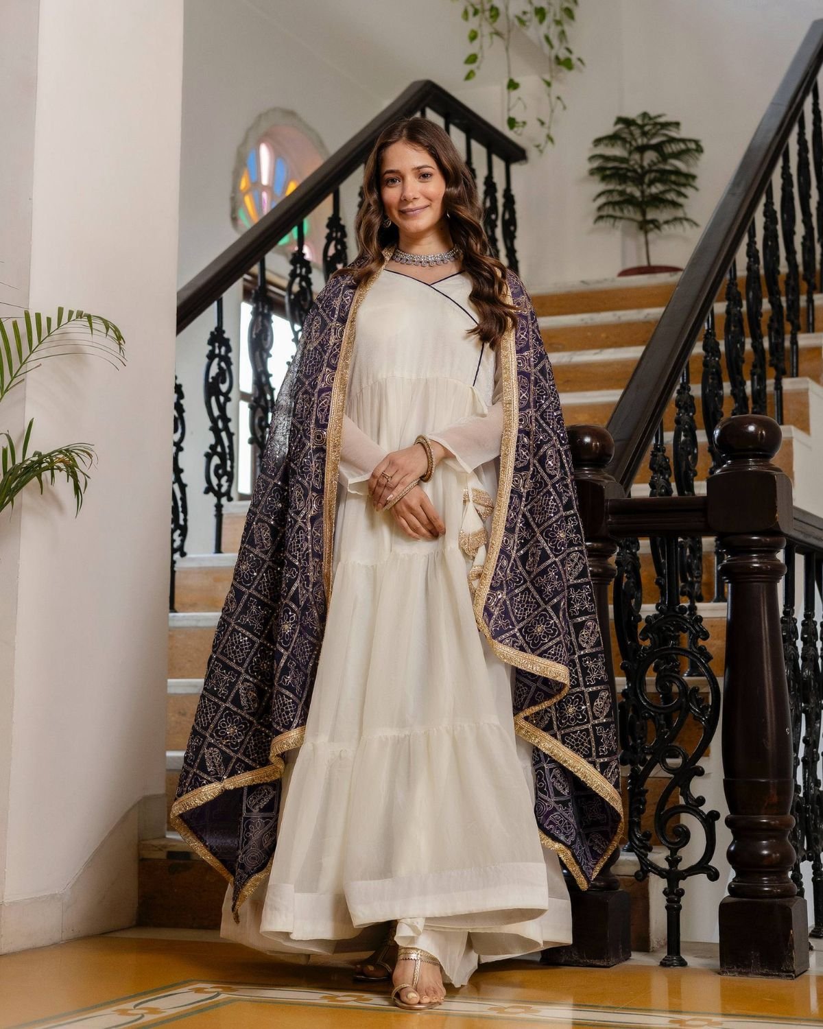 Tiered Flared Anarkali Gown with Printed Dupatta Set