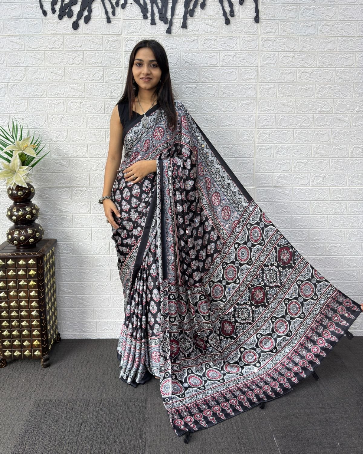 Block Printed Georgette Saree with Mirror Work Pallu and Tassel Accents