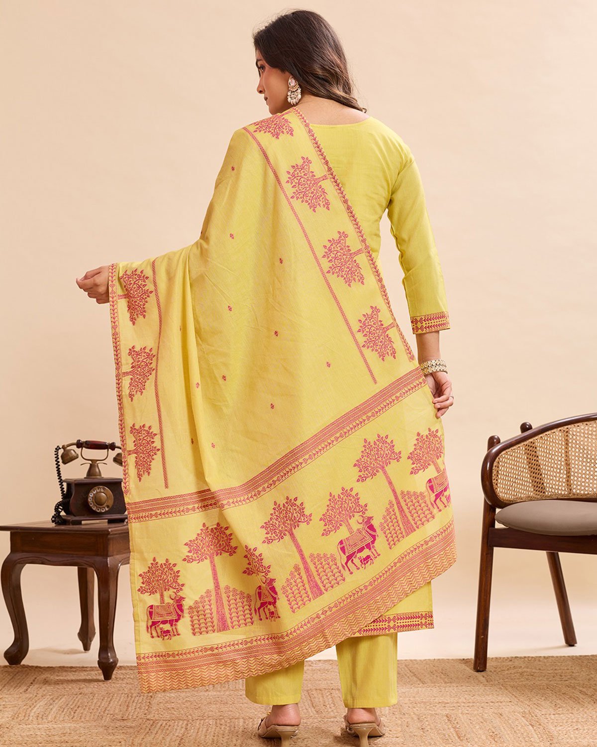 Pastel Yellow Ethnic Printed Salwar Suit Set – 3-Piece Cotton Suit