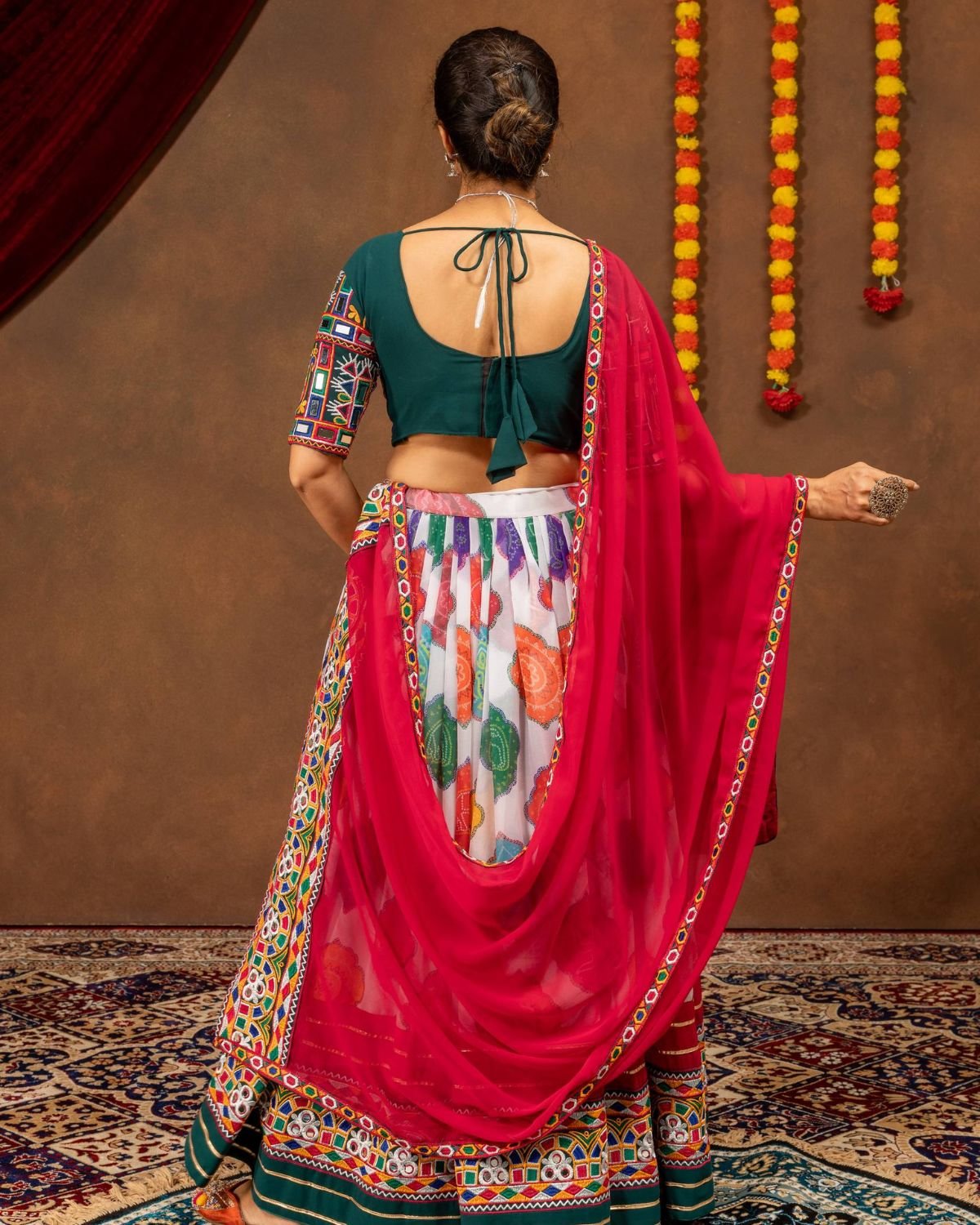 Printed Flared Chaniya Choli Set with Embroidered Mirror Work Blouse & Dupatta