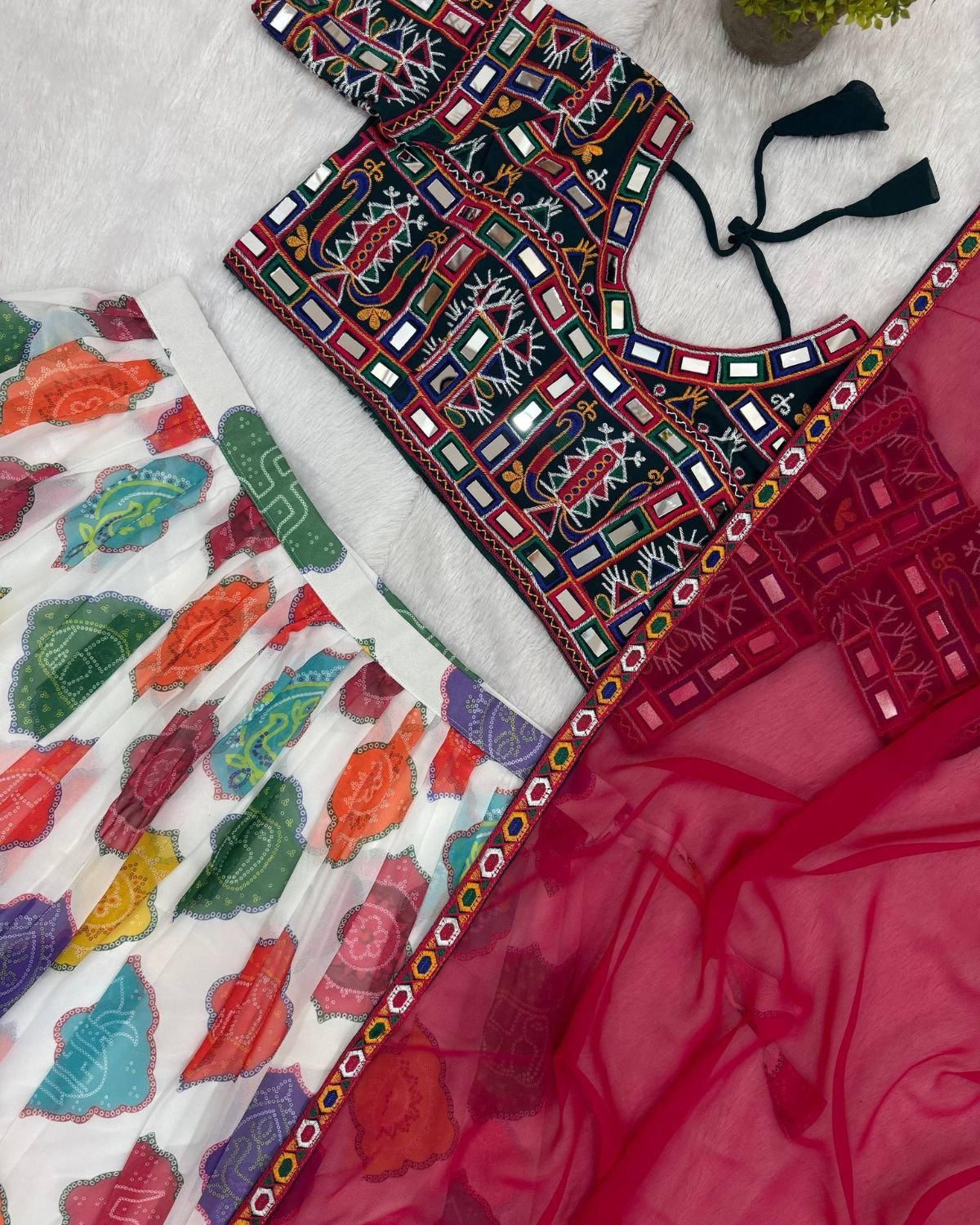 Printed Flared Chaniya Choli Set with Embroidered Mirror Work Blouse & Dupatta