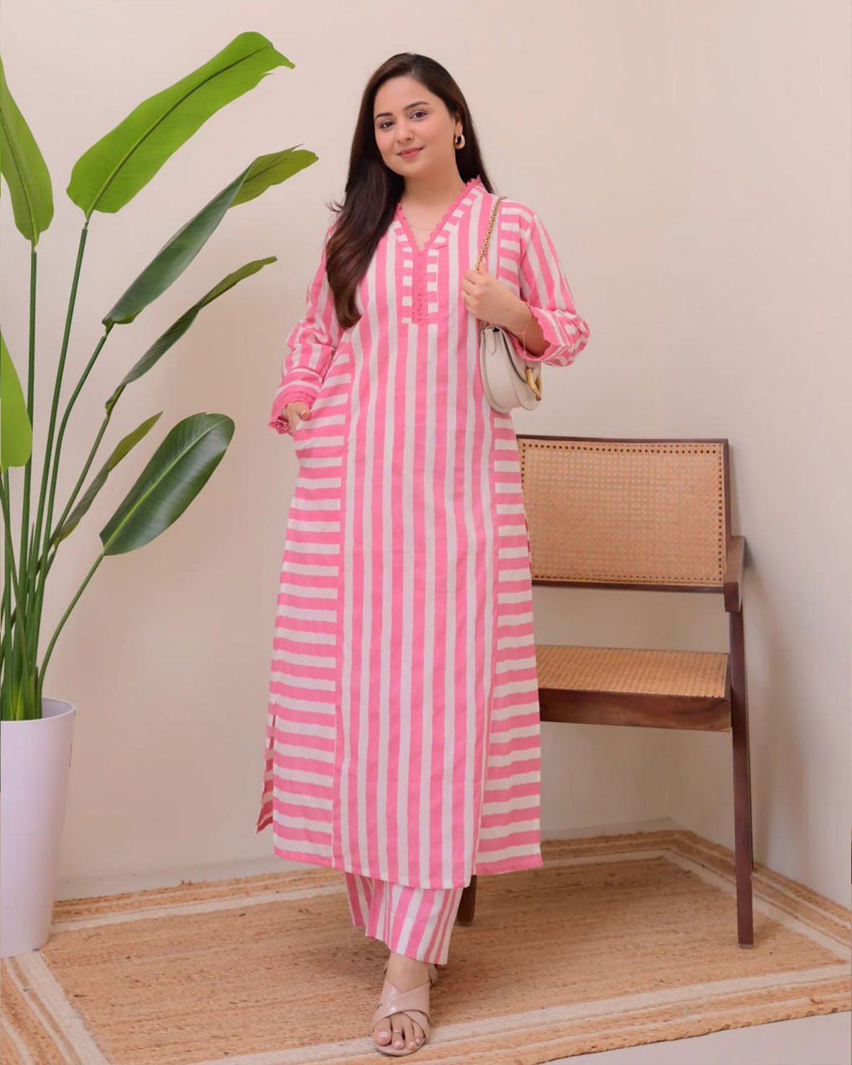 Striped Cotton Kurta with Palazzo Pant Set