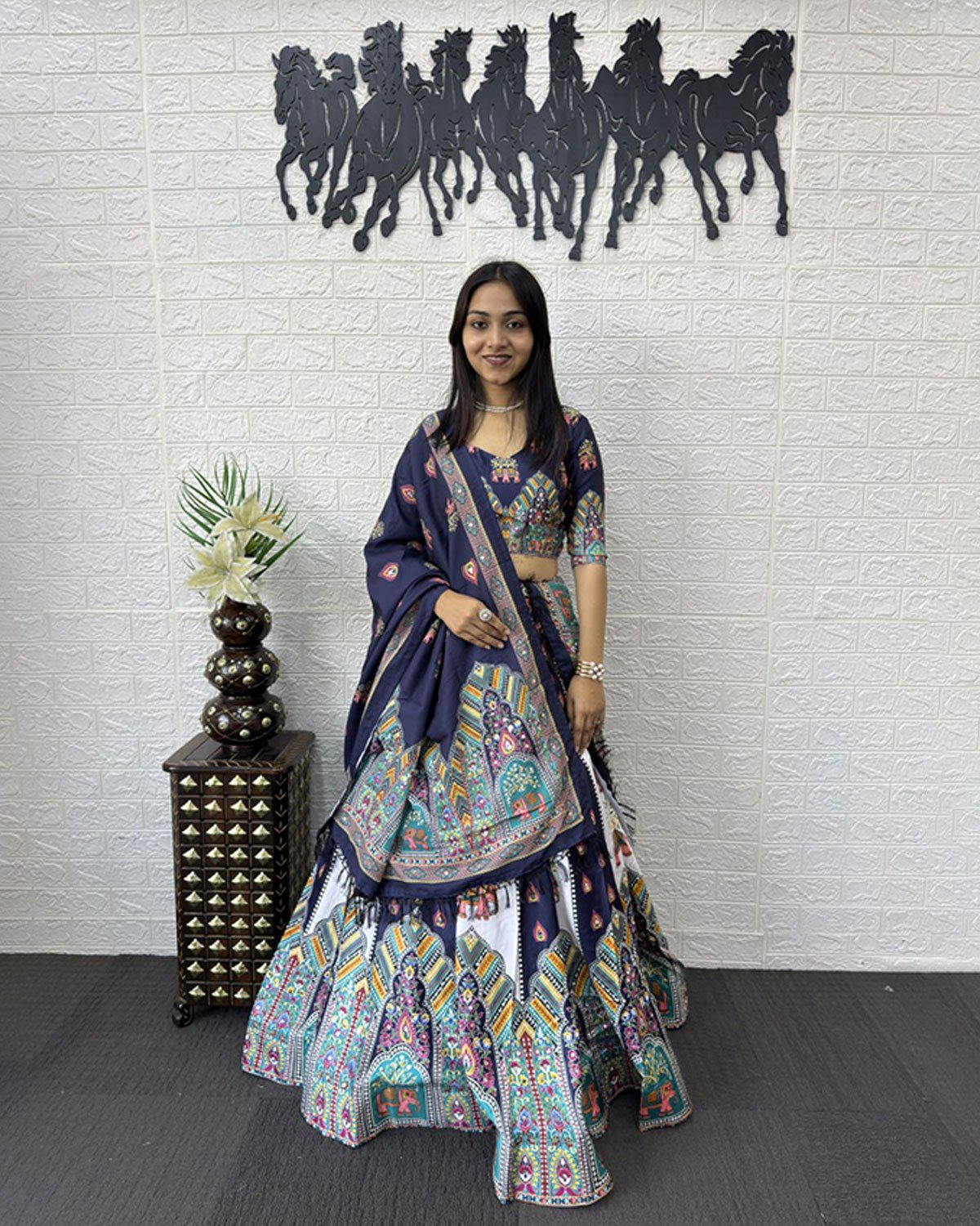 Folk Art Designer Lehenga Choli with Matching Dupatta Set
