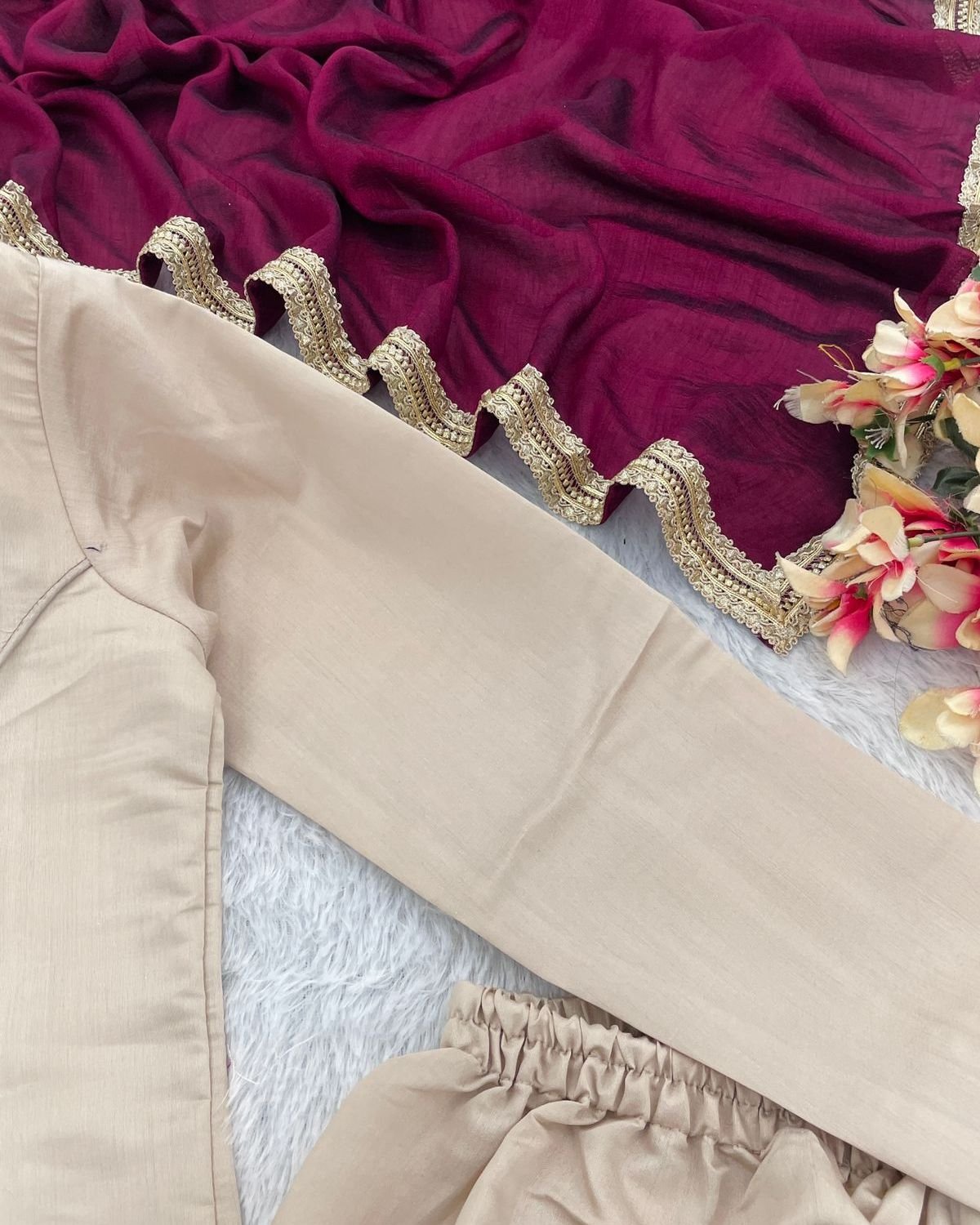 Premium Silk Blend Embroidered Straight Suit Set with Contrast Dupatta