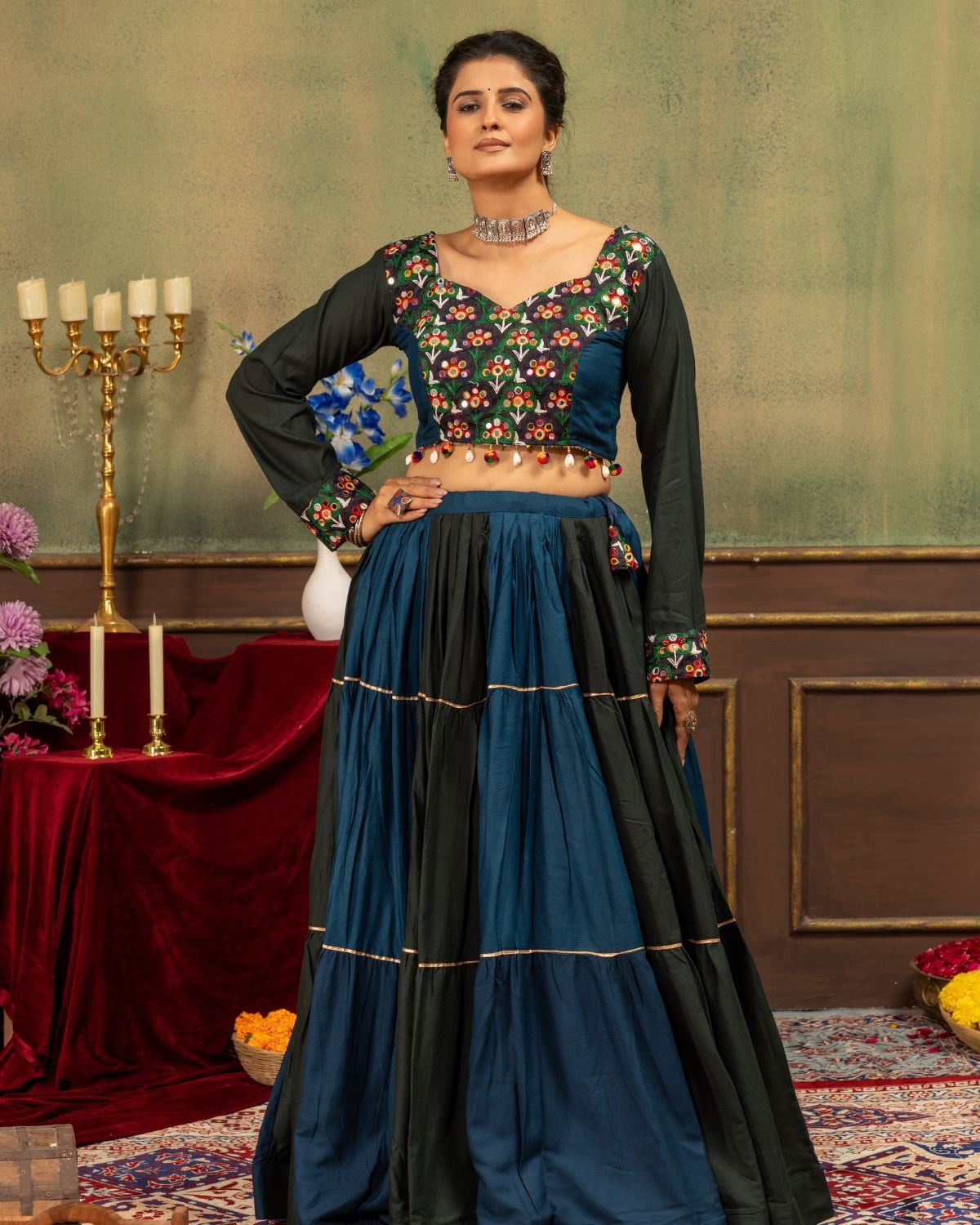 Embroidered Full Sleeve Crop Blouse with Tiered Panel Flared Lehenga Set