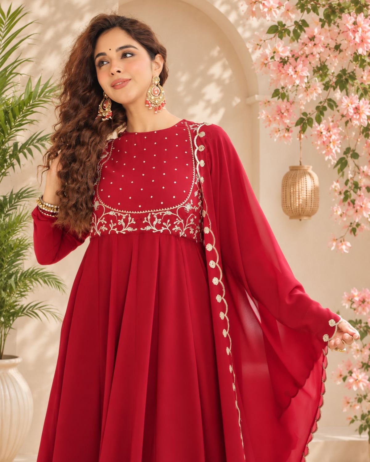 Embellished Yoke Flared Anarkali Suit Set with Matching Bottoms & Dupatta