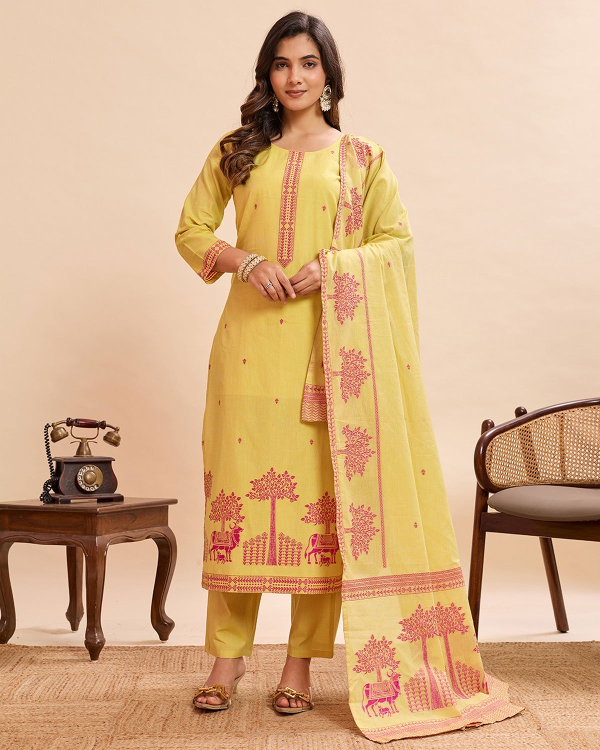 Pastel Yellow Ethnic Printed Salwar Suit Set – 3-Piece Cotton Suit
