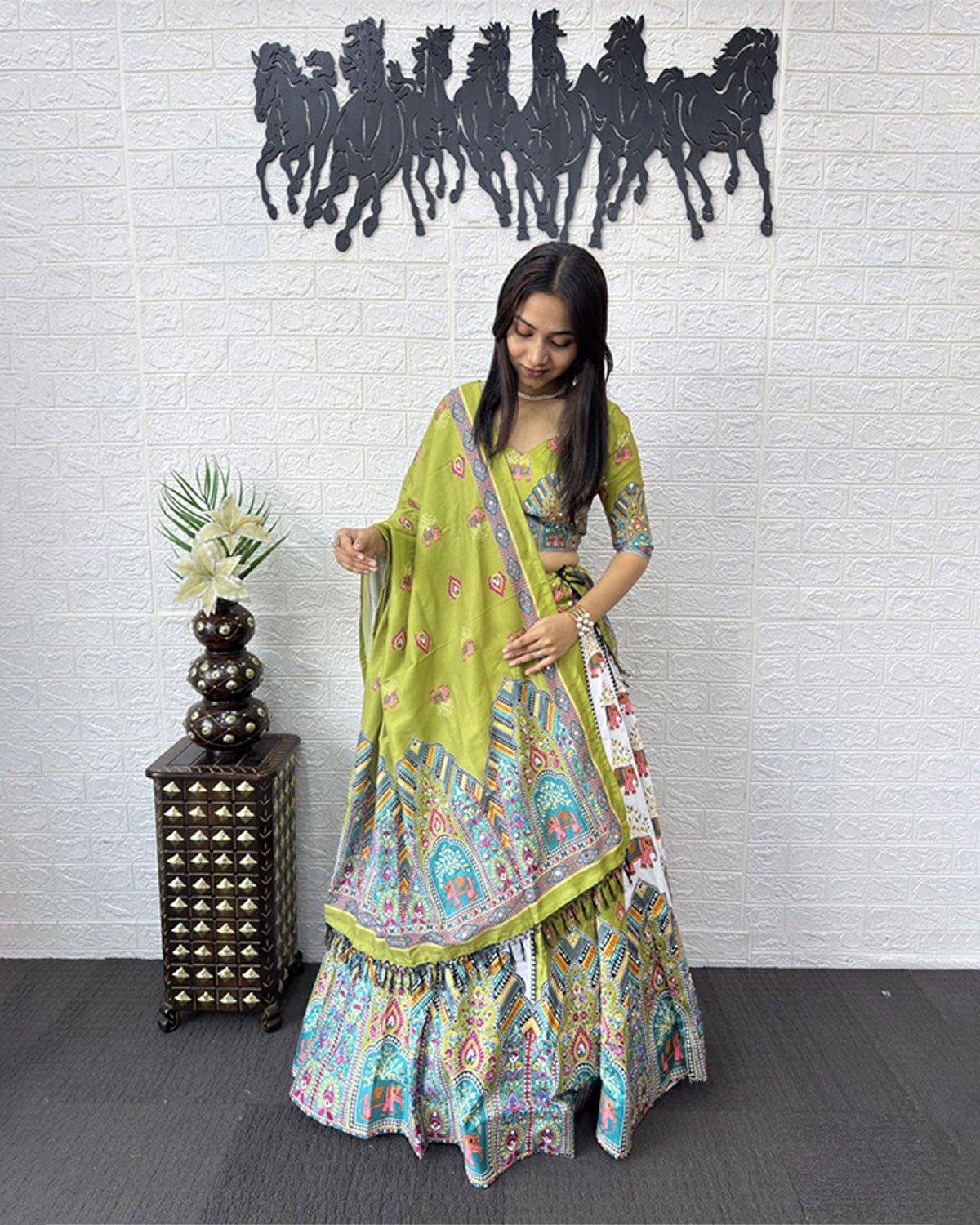 Folk Art Designer Lehenga Choli with Matching Dupatta Set