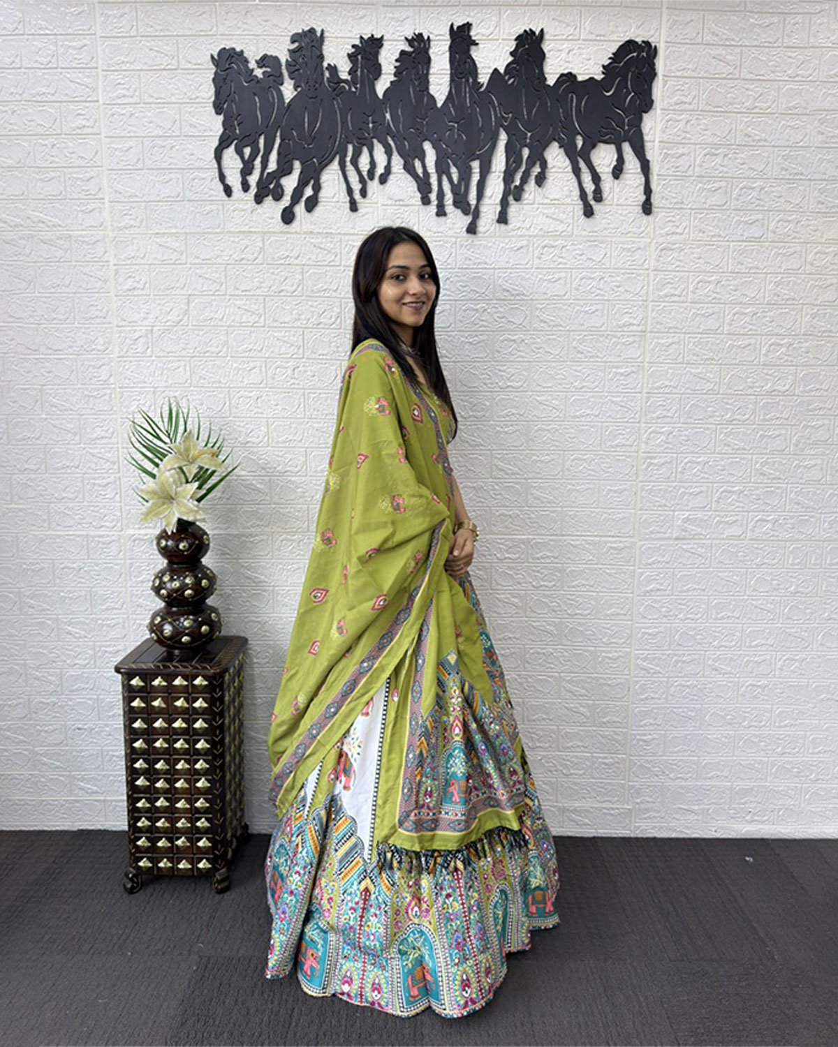 Folk Art Designer Lehenga Choli with Matching Dupatta Set