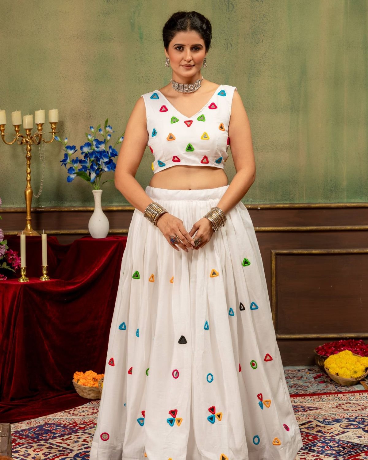 Embroidered Patchwork Jacket with Crop Top and Flared Lehenga Set