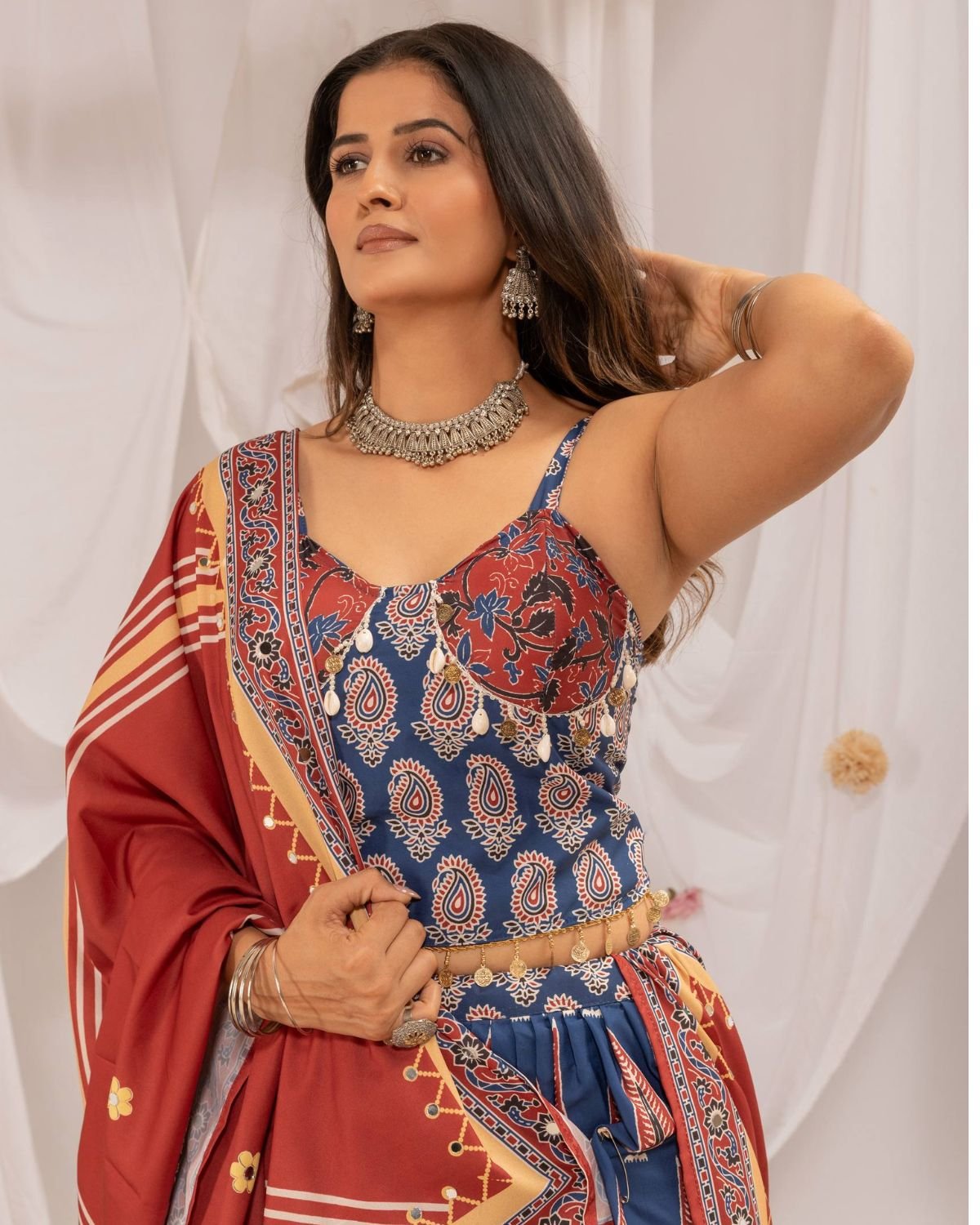 Block Printed Chaniya Choli Set with Mirror Work Border & Dupatta