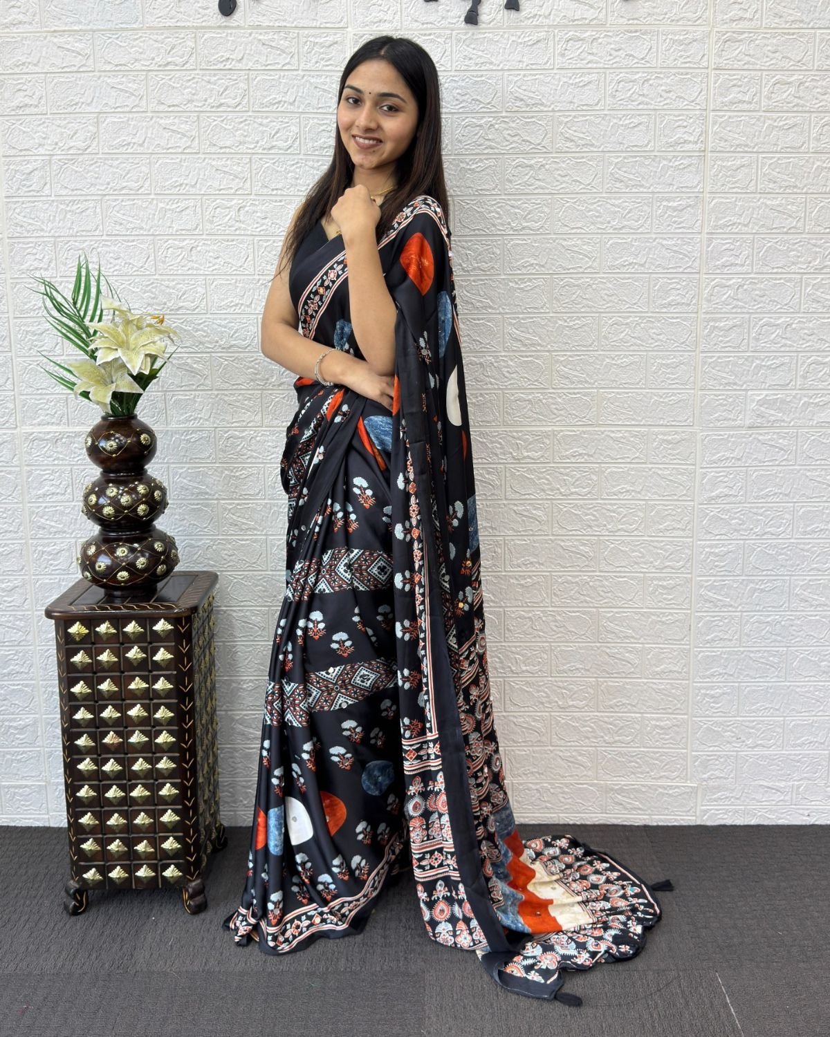 Geometric Circular Printed Satin Saree with Mirror Work Pallu & Tassels