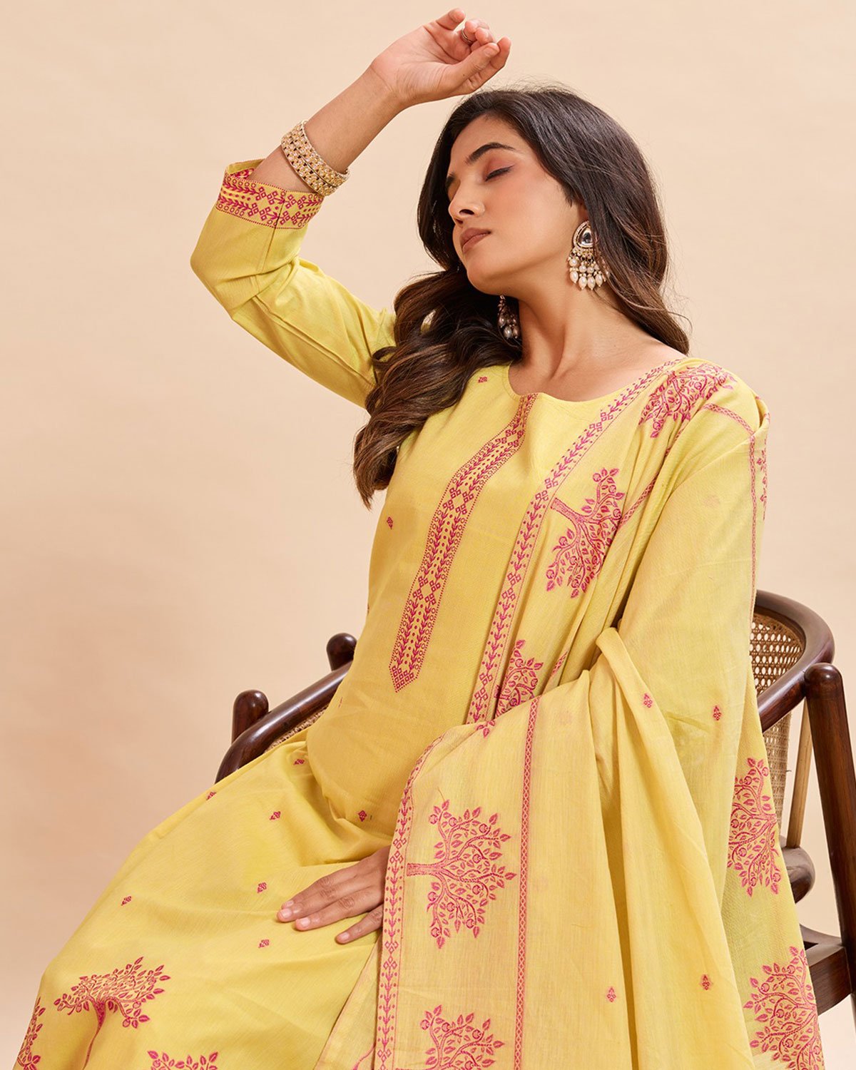 Pastel Yellow Ethnic Printed Salwar Suit Set – 3-Piece Cotton Suit