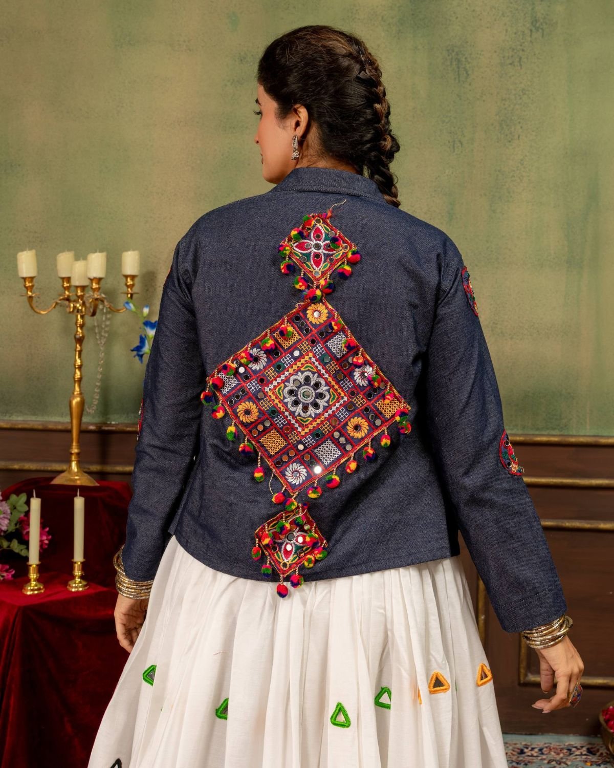 Embroidered Patchwork Jacket with Crop Top and Flared Lehenga Set