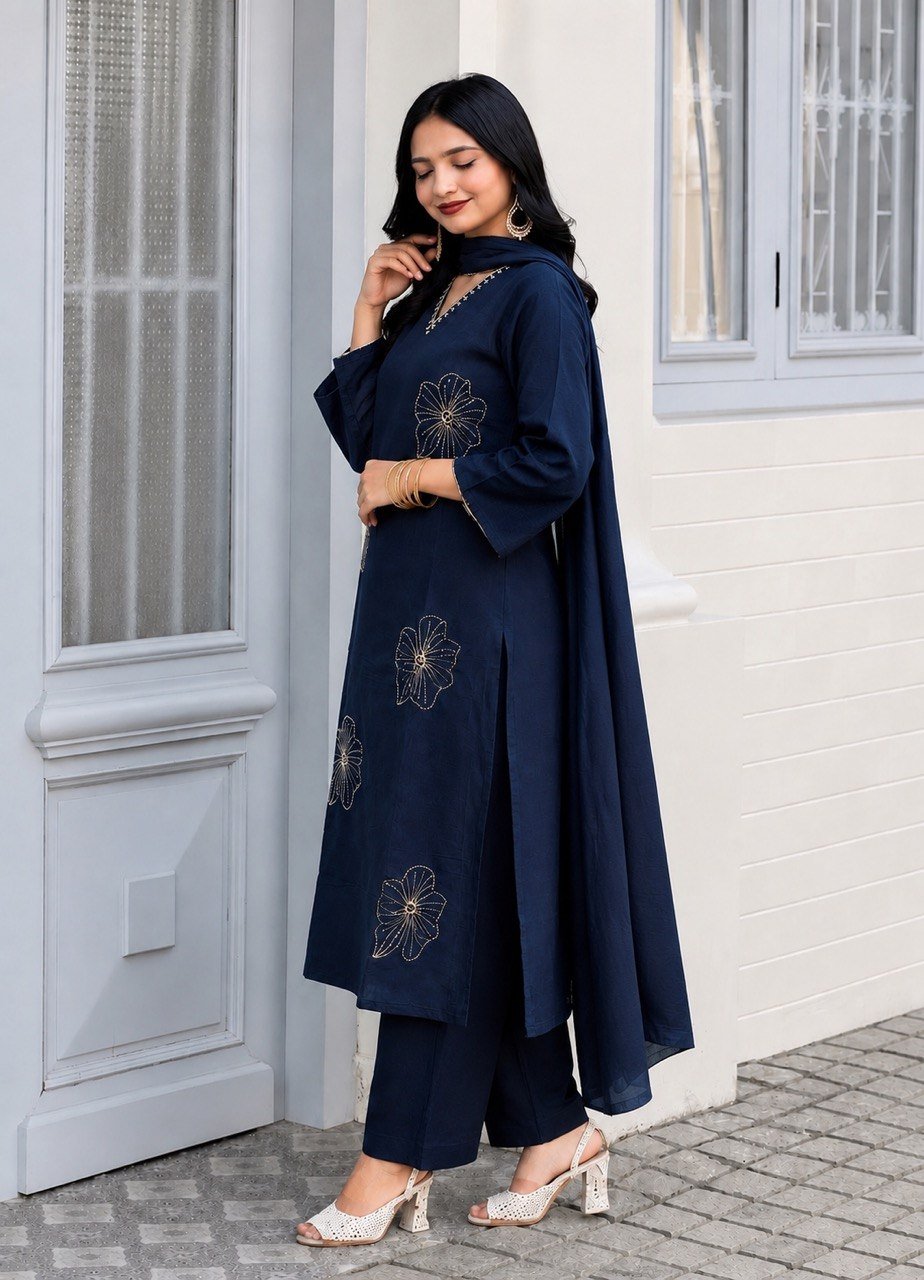 Elegant Embroidered Straight Cut Kurta Pant Set With Dupatta