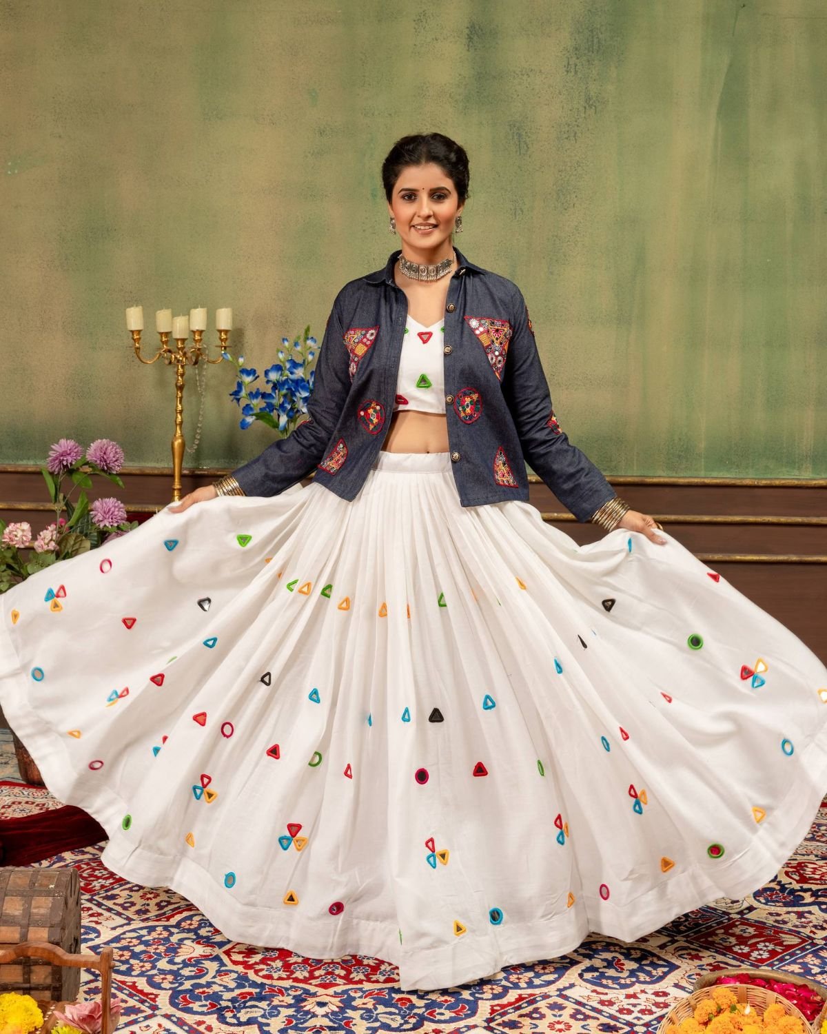 Embroidered Patchwork Jacket with Crop Top and Flared Lehenga Set