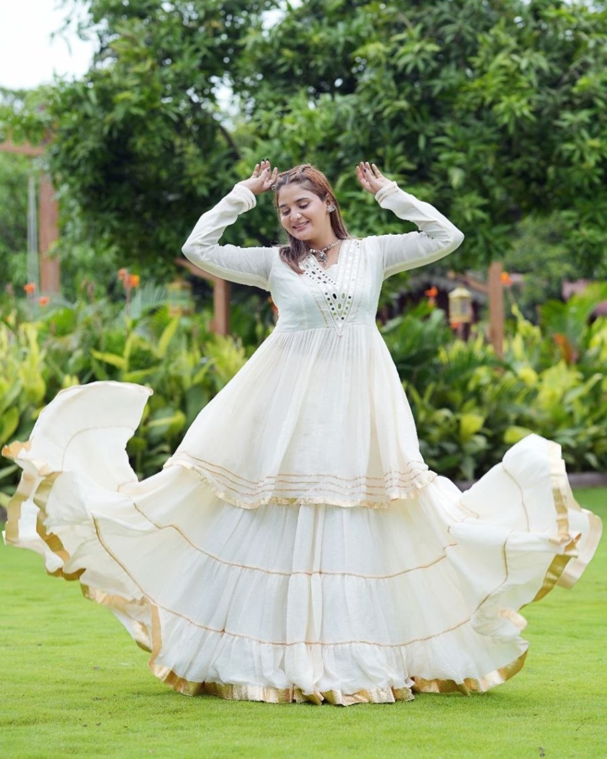 V-Neck Mirror Work Flared Kurti with Tiered Sharara Set