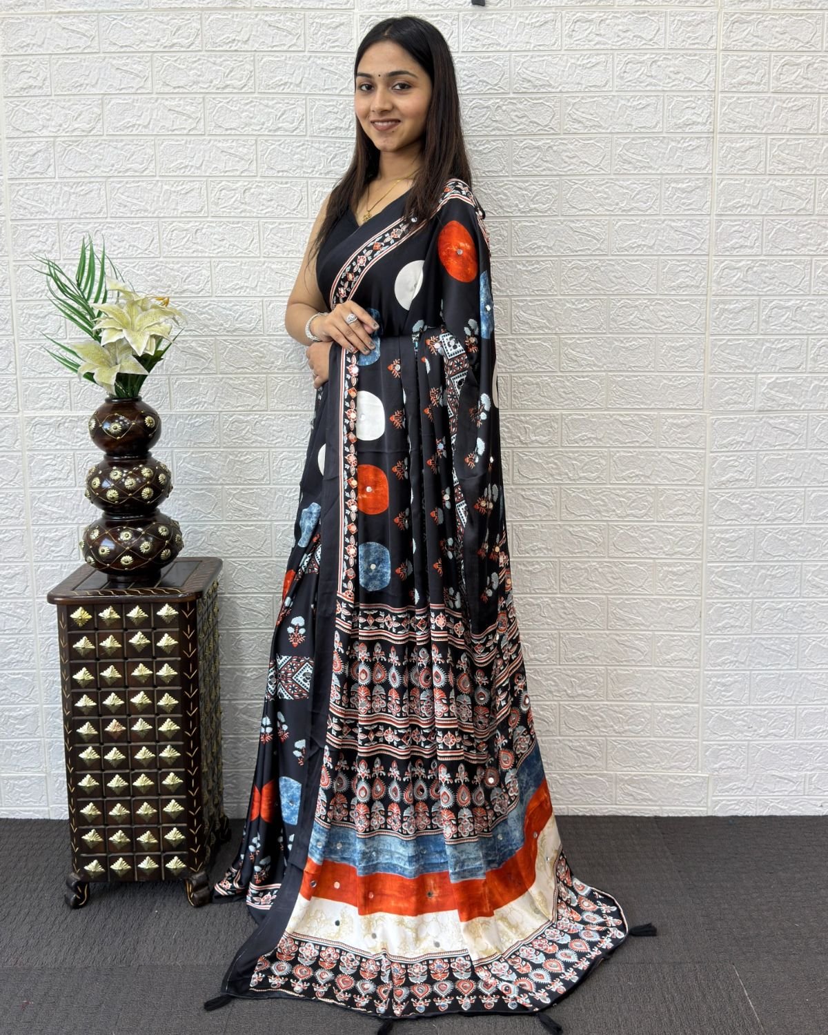 Geometric Circular Printed Satin Saree with Mirror Work Pallu & Tassels