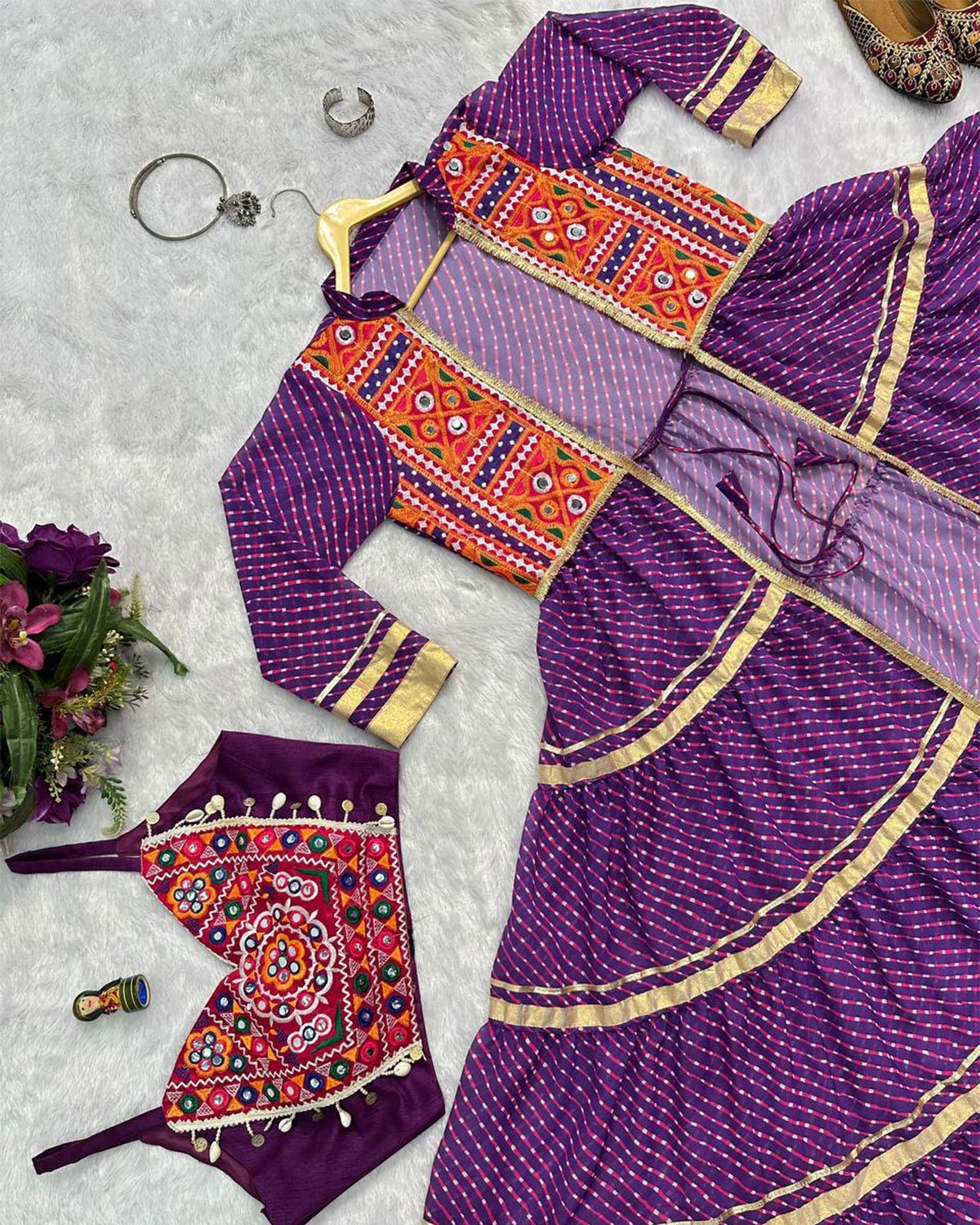 Bandhani Print Flared Jacket Shrug with Mirror Work Yoke