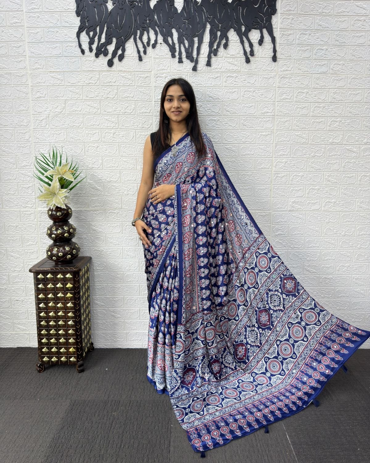 Block Printed Georgette Saree with Mirror Work Pallu and Tassel Accents