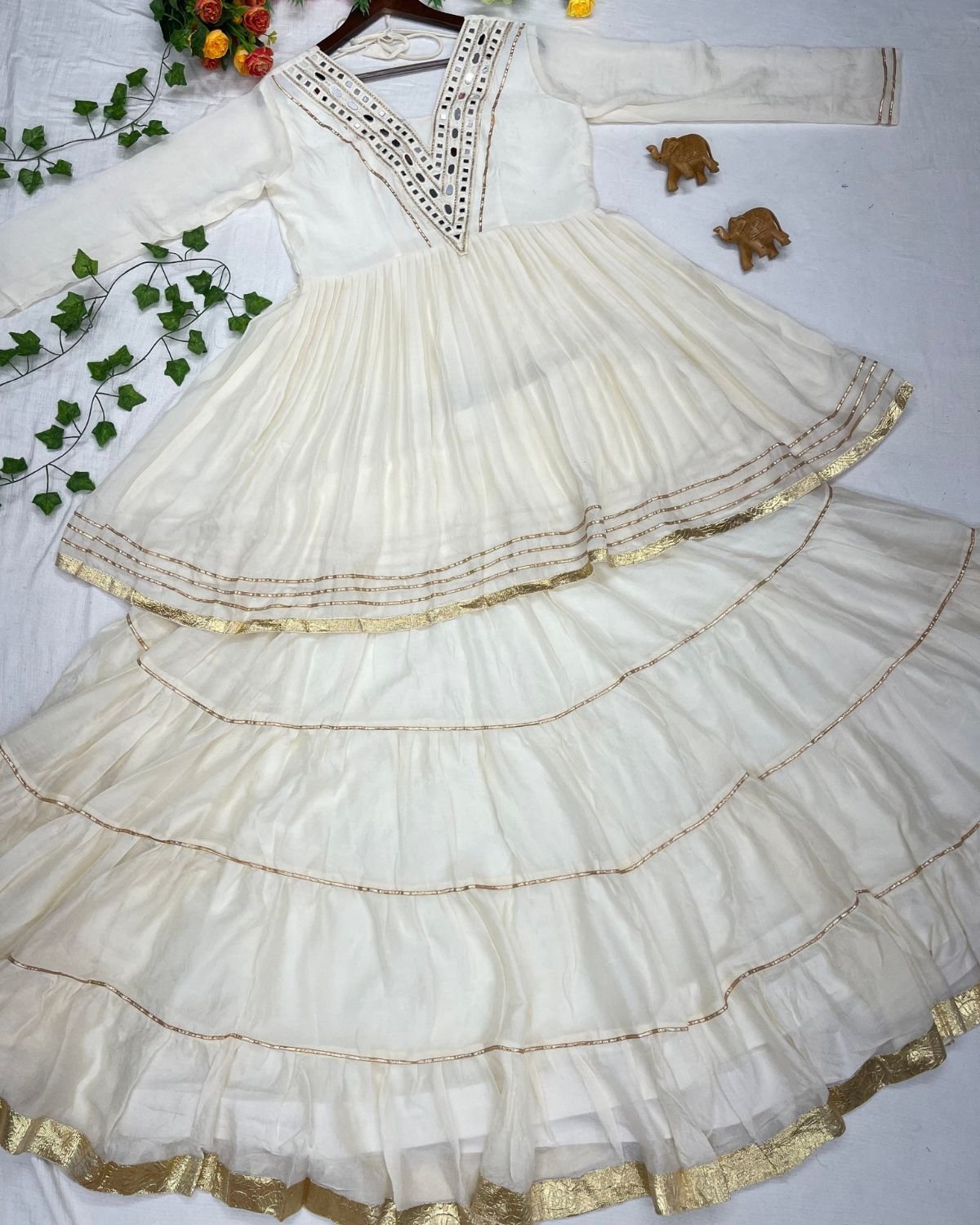 V-Neck Mirror Work Flared Kurti with Tiered Sharara Set